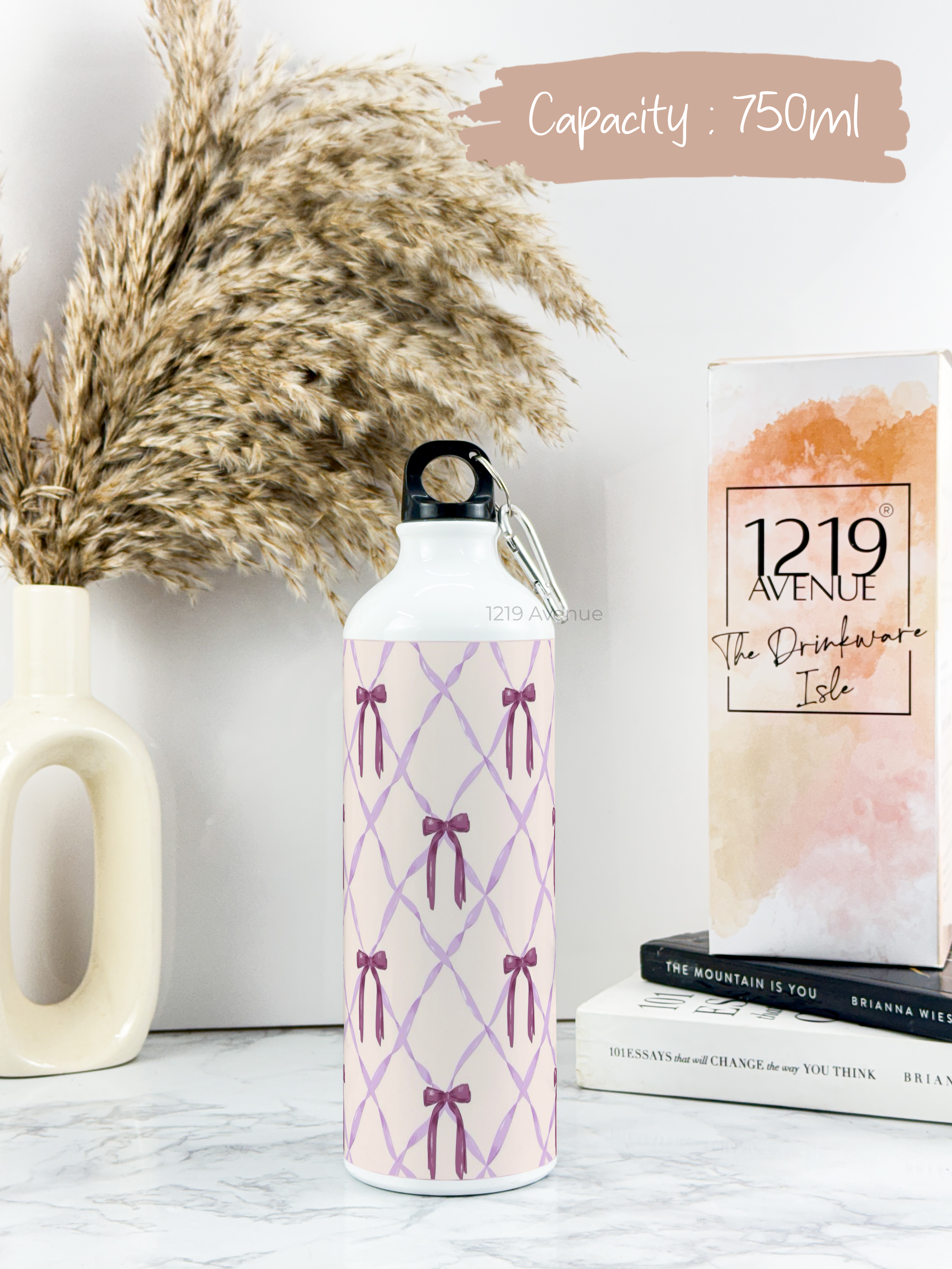 750ml Hooked-Up Water Bottle | Choq Bows Print | Leak Proof | Printed Bottle with Carry Hook, Durable & Stylish