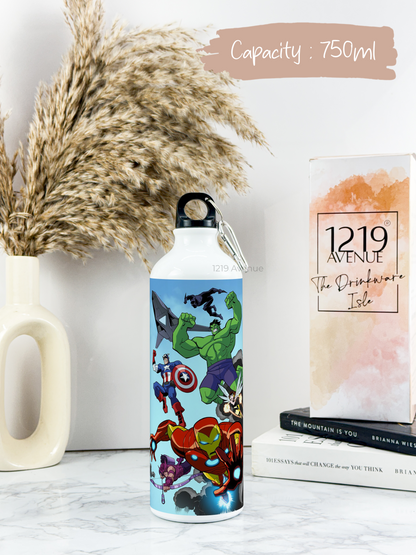 750ml Printed Hooked-Up Water Bottle | Assemble Avengers Print | For Kids, School, Sports | Sipper Bottle with Carry Hook, Durable & Stylish