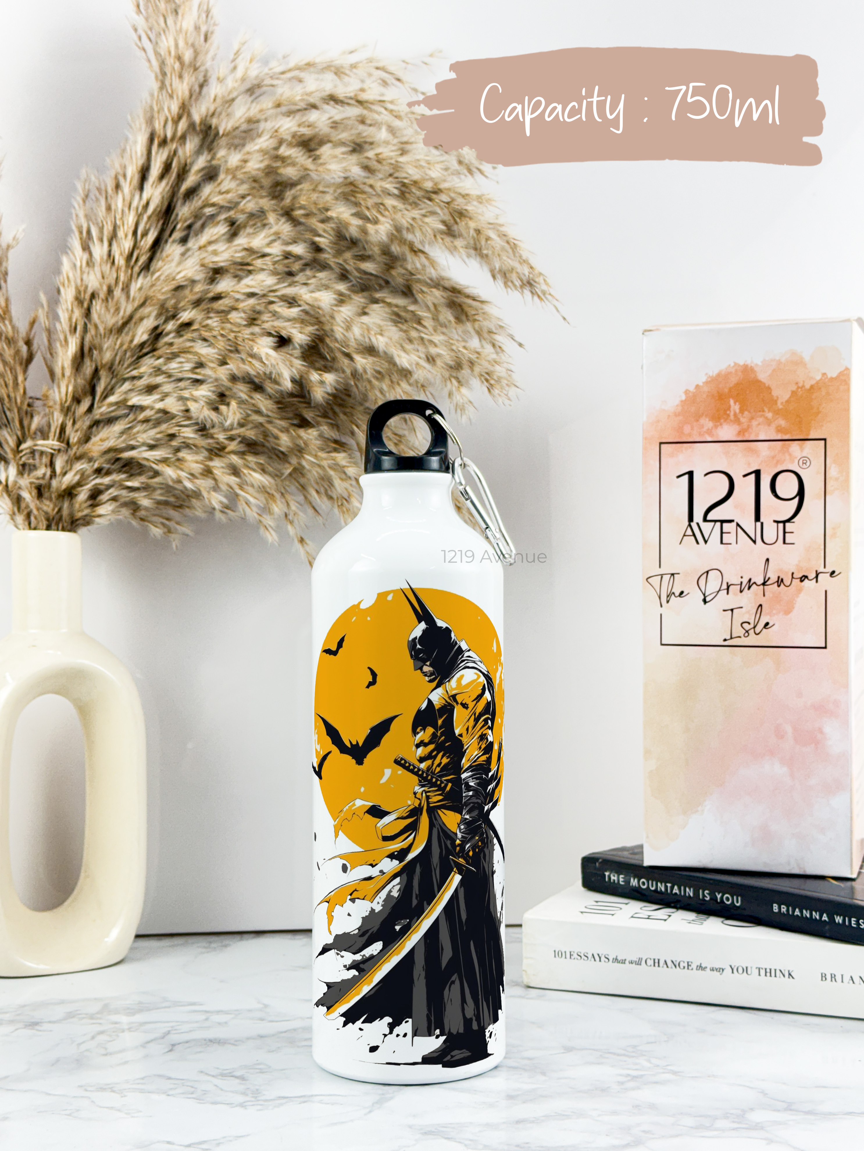 750ml Hooked-Up Water Bottle | Comic-Bat Print | Leak Proof | Printed Bottle with Carry Hook, Durable & Stylish