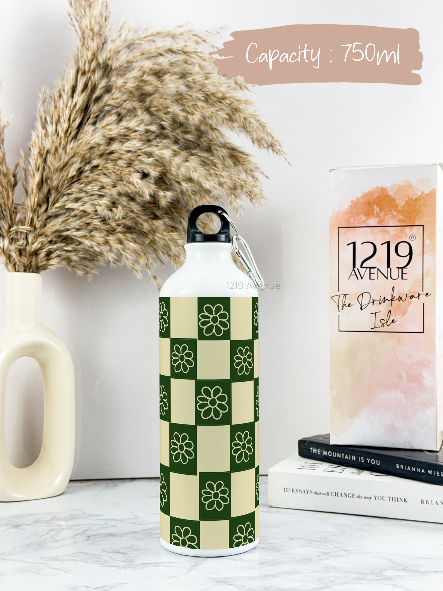 750ml Printed Hooked-Up Water Bottle | Green Flower Checks Print | For Kids, School, Sports | Sipper Bottle with Carry Hook, Durable & Stylish