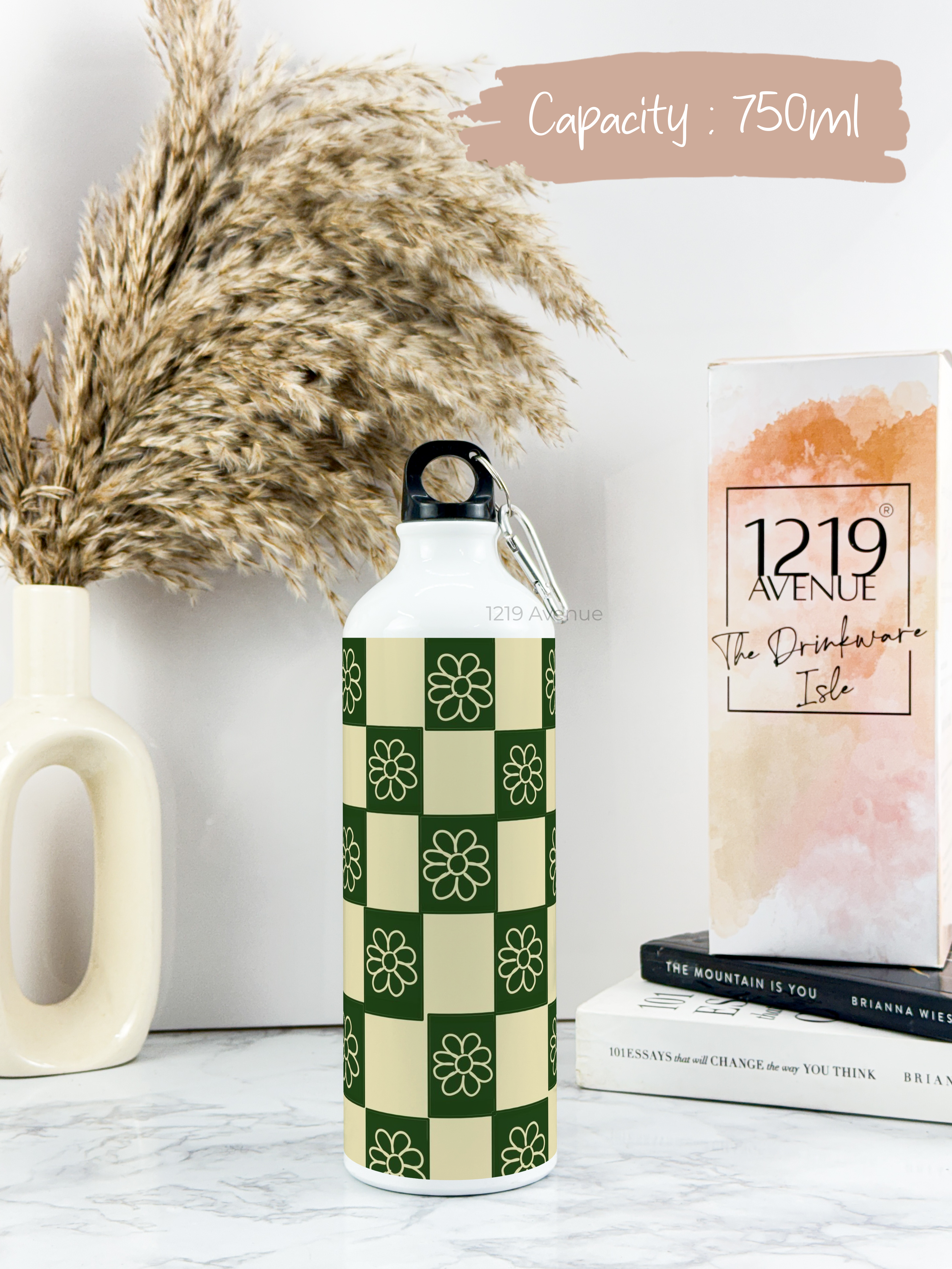 750ml Hooked-Up Water Bottle | Green Flower Checks Print | Leak Proof | Printed Bottle with Carry Hook, Durable & Stylish