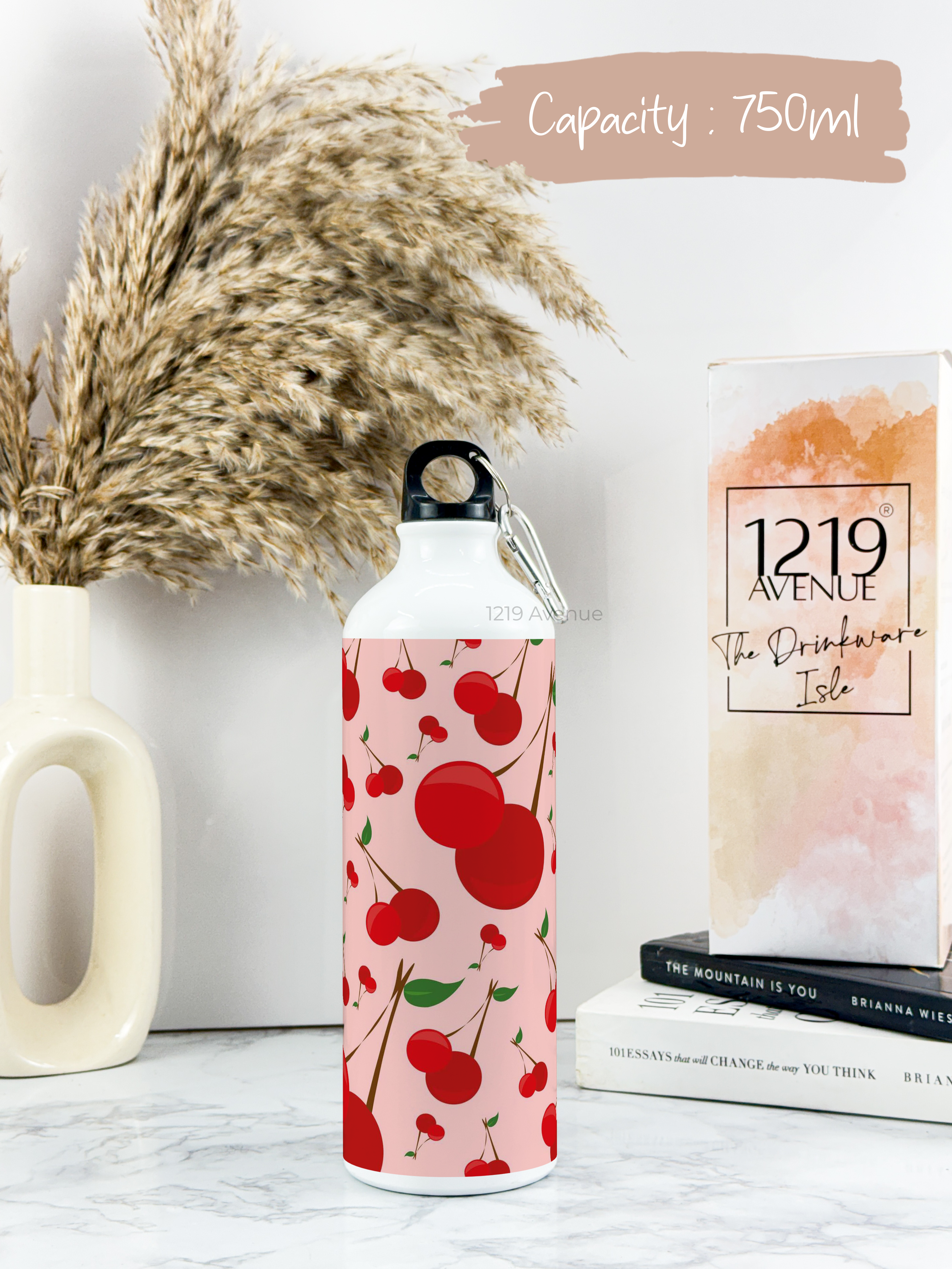 750ml Hooked-Up Water Bottle | Cherry Blast Print | Leak Proof | Printed Bottle with Carry Hook, Durable & Stylish
