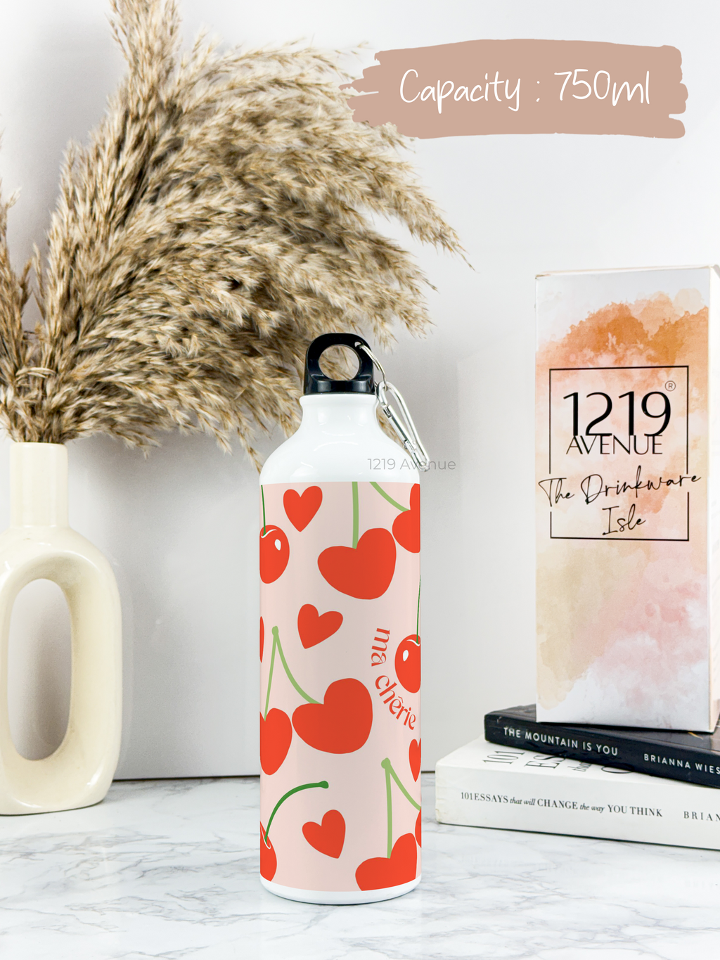 750ml Hooked-Up Water Bottle |Cherries All Over Print | Leak Proof | Printed Bottle with Carry Hook, Durable & Stylish