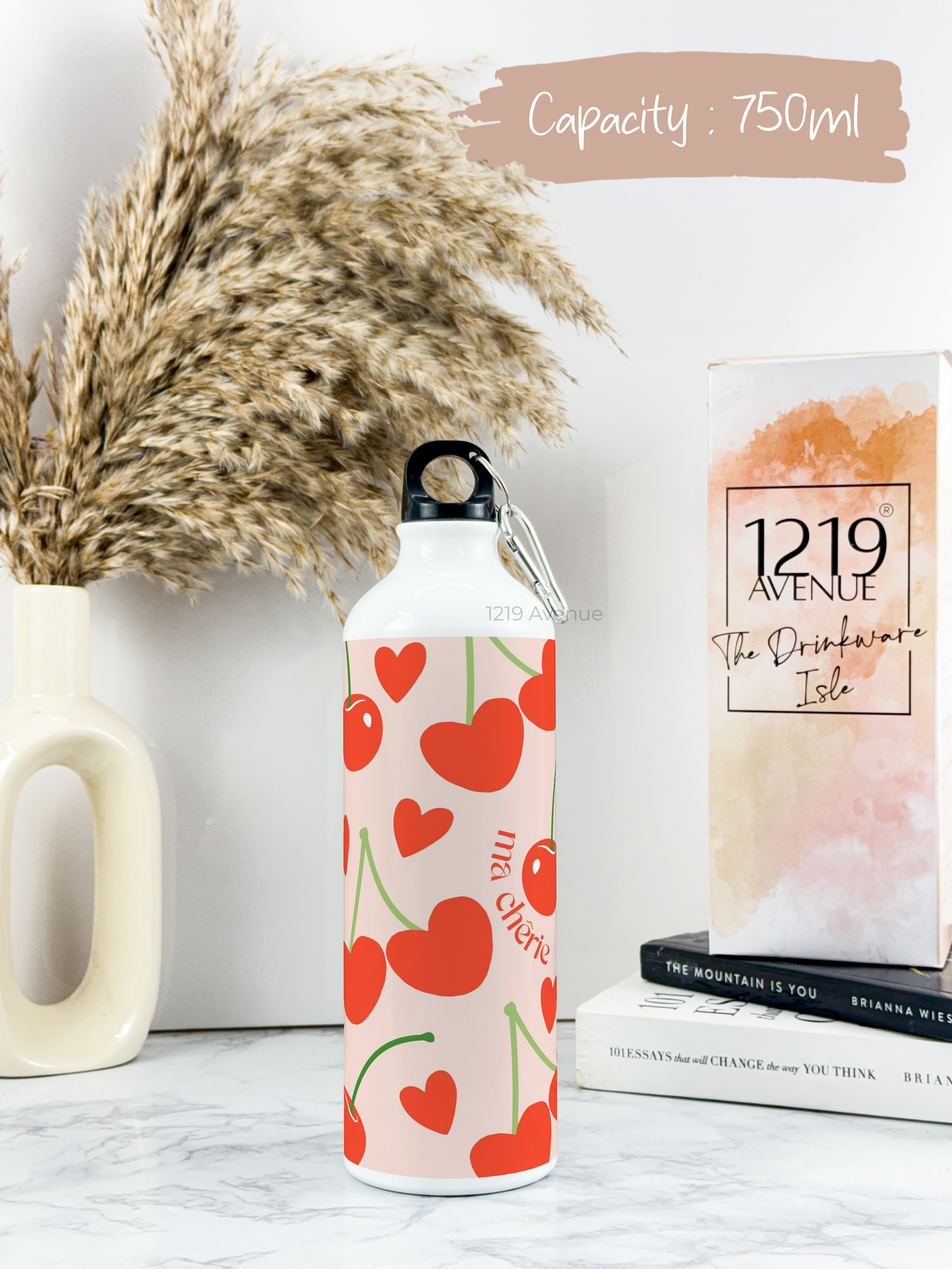 750ml Printed Hooked-Up Water Bottle |Cherries All Over Print | For Kids, School, Sports | Sipper Bottle with Carry Hook, Durable & Stylish