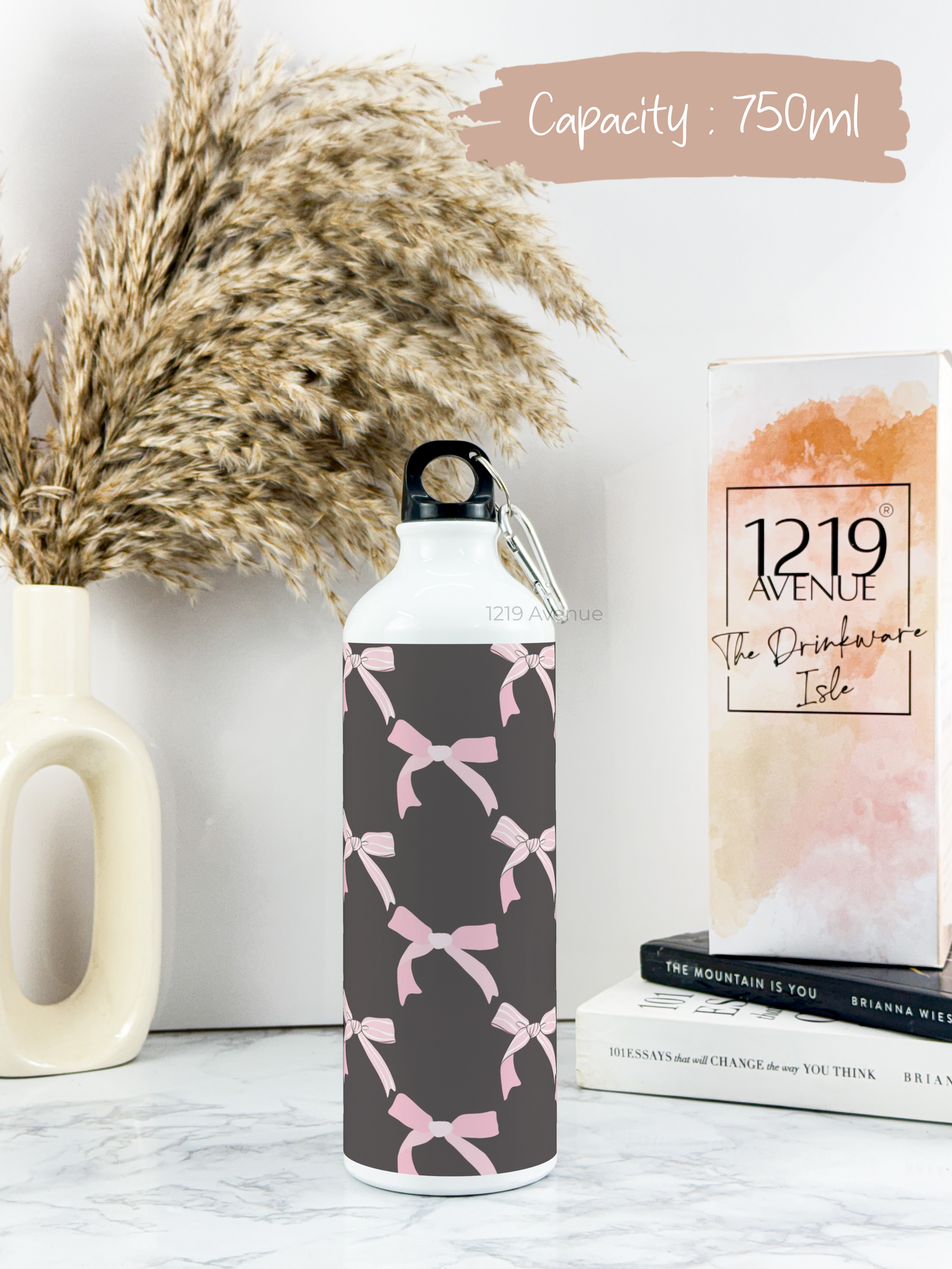 750ml Printed Hooked-Up Water Bottle | Black-Bow Beauty Print | For Kids, School, Sports | Sipper Bottle with Carry Hook, Durable & Stylish