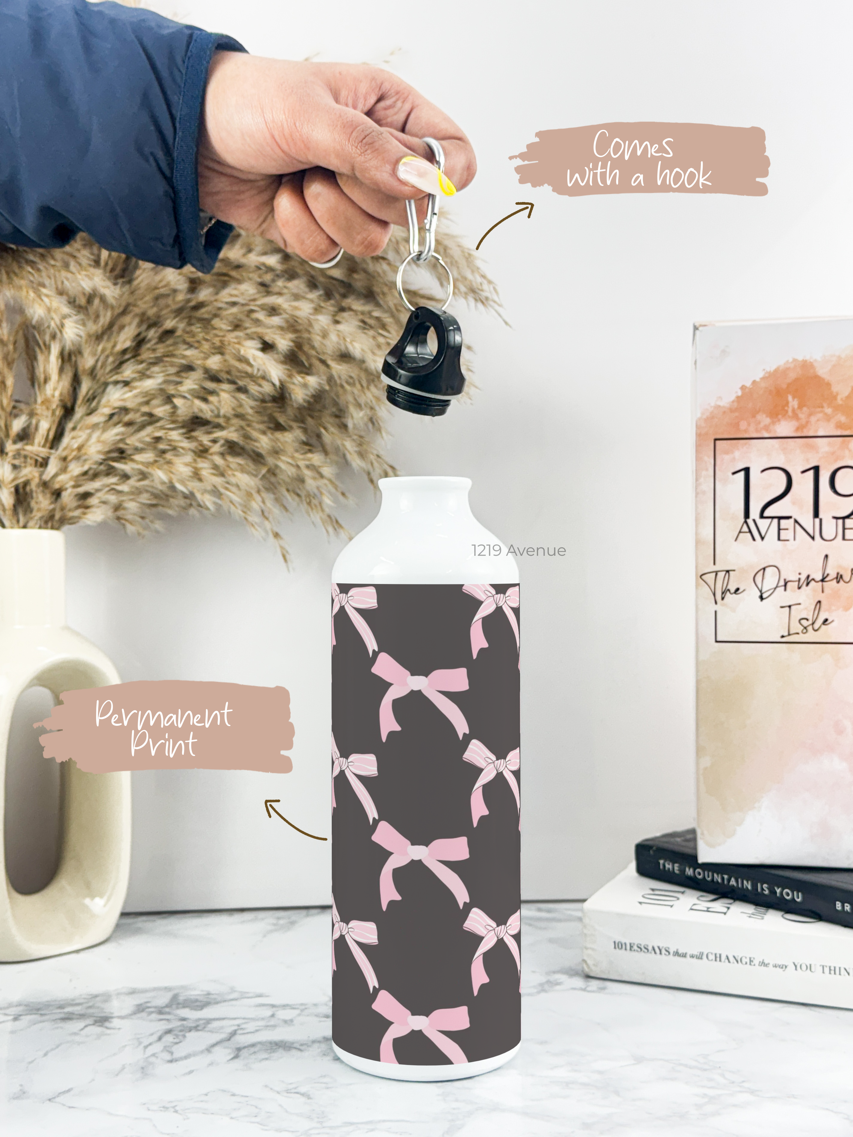 750ml Hooked-Up Water Bottle | Black-Bow Beauty Print | Leak Proof | Printed Bottle with Carry Hook, Durable & Stylish