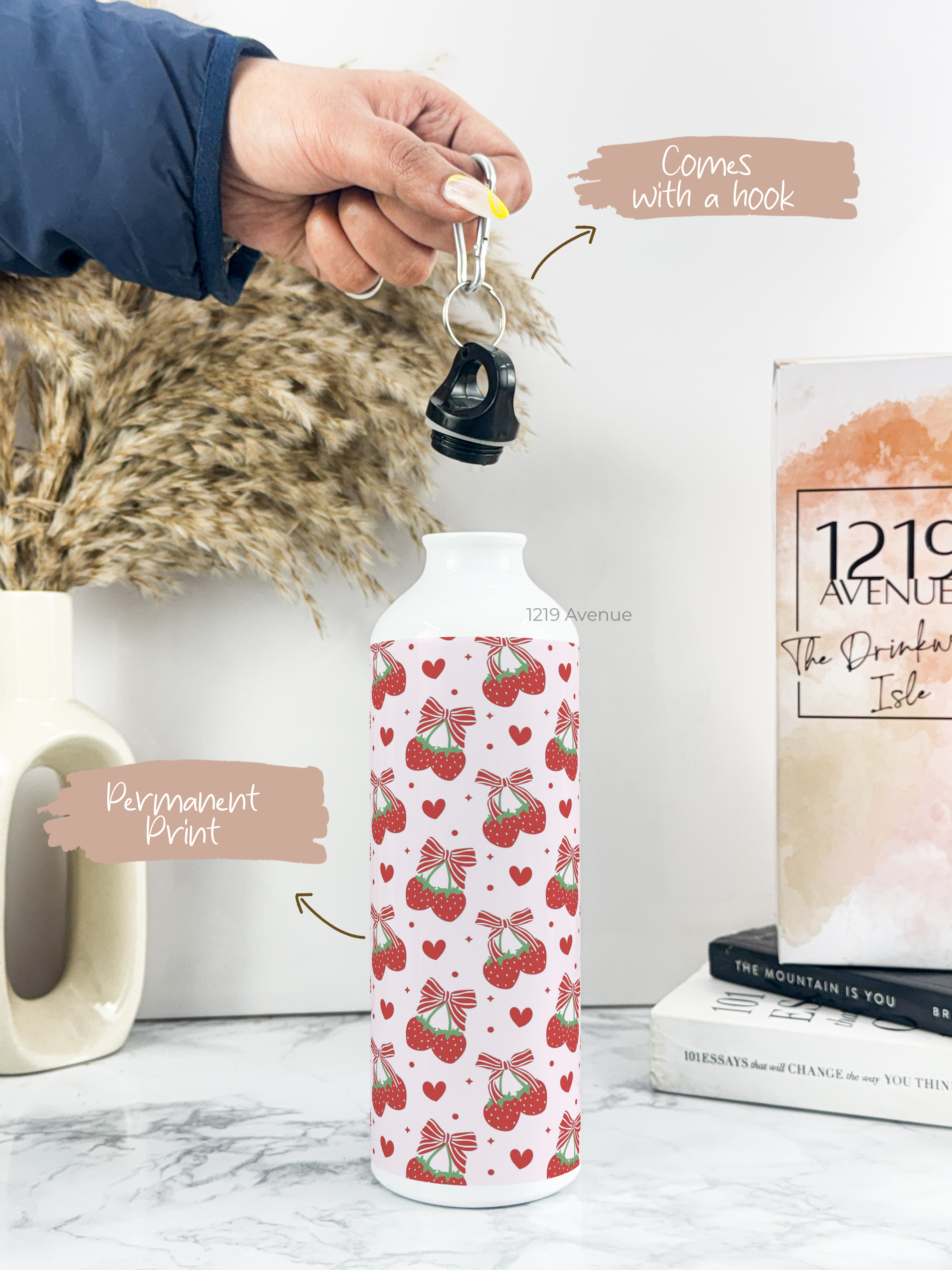 750ml Hooked-Up Water Bottle |Strawberry Burst Print | Leak Proof | Printed Bottle with Carry Hook, Durable & Stylish
