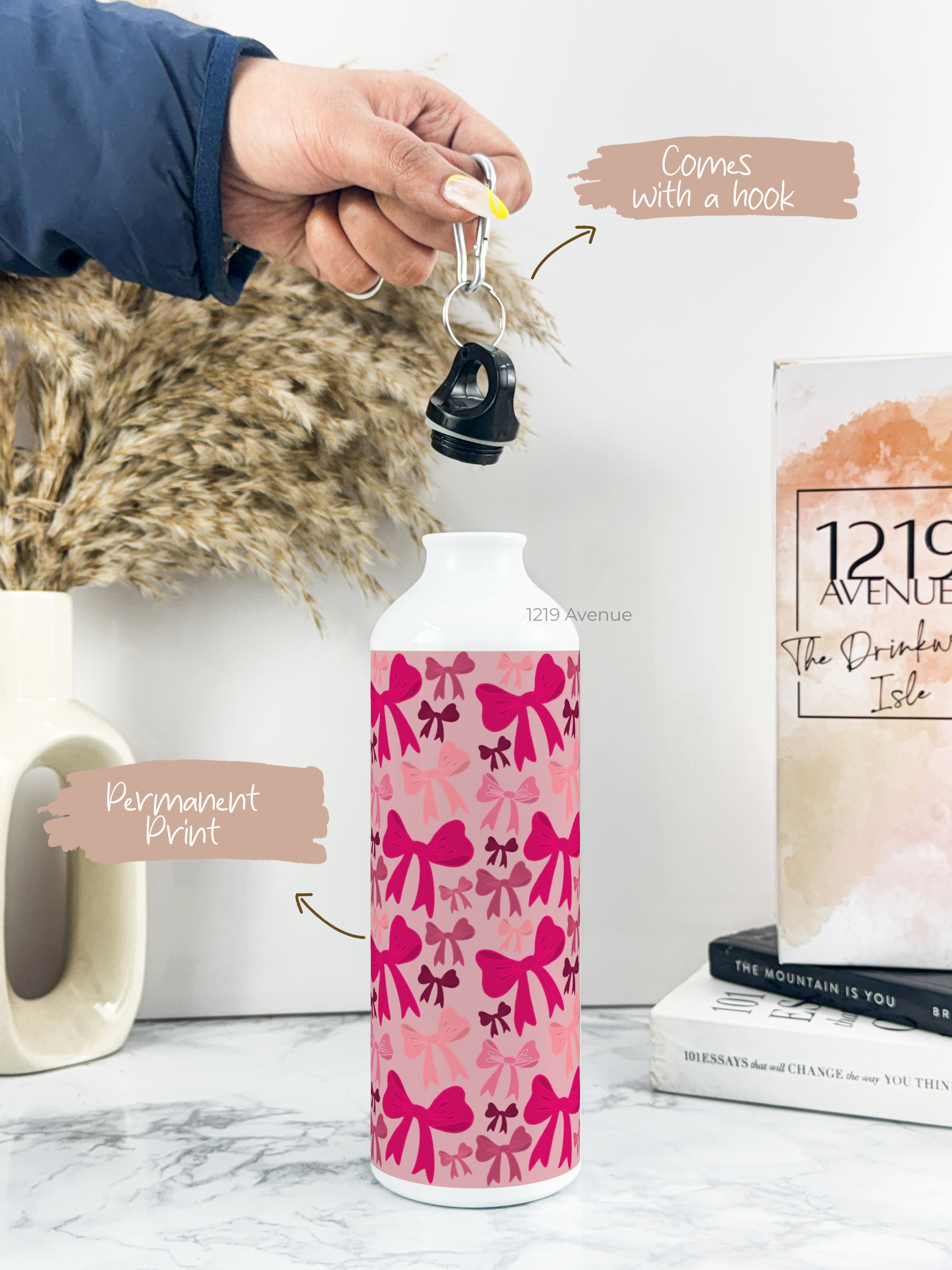 750ml Hooked-Up Water Bottle | Multi-Bows All Over Print | Leak Proof | Printed Bottle with Carry Hook, Durable & Stylish