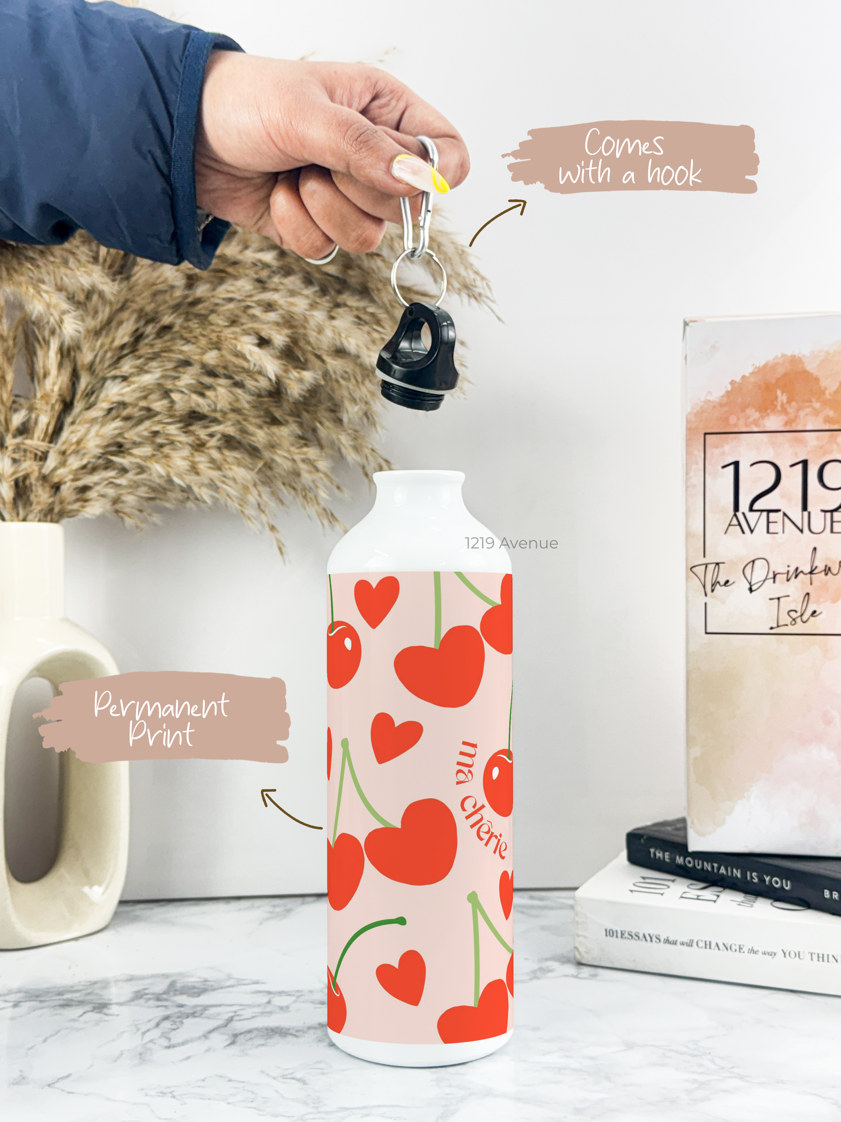 750ml Hooked-Up Water Bottle |Cherries All Over Print | Leak Proof | Printed Bottle with Carry Hook, Durable & Stylish