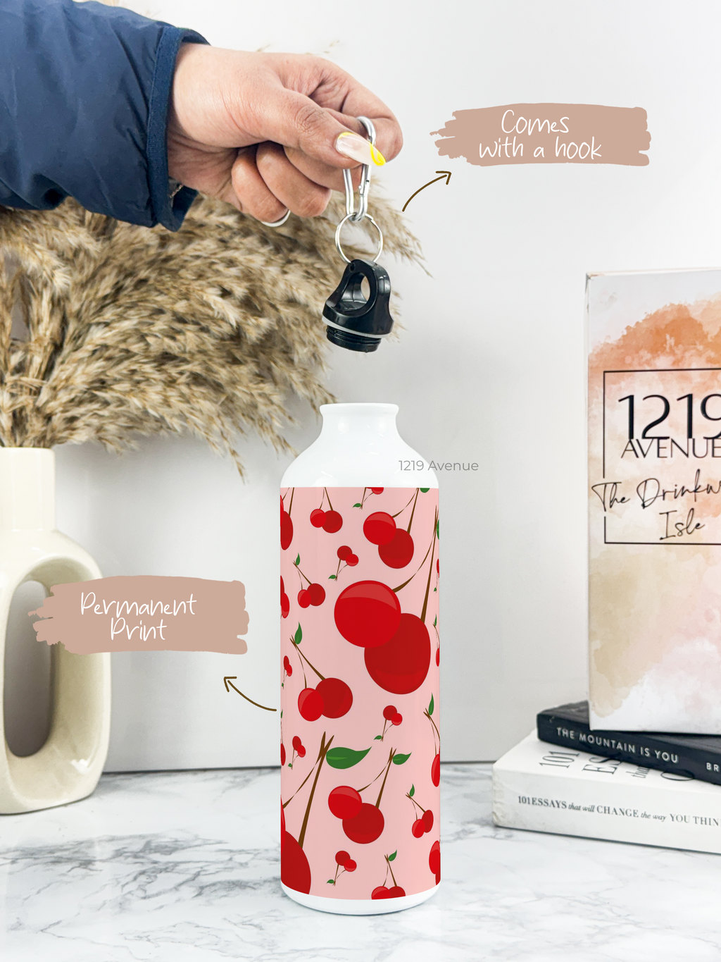 750ml Hooked-Up Water Bottle | Cherry Blast Print | Leak Proof | Printed Bottle with Carry Hook, Durable & Stylish