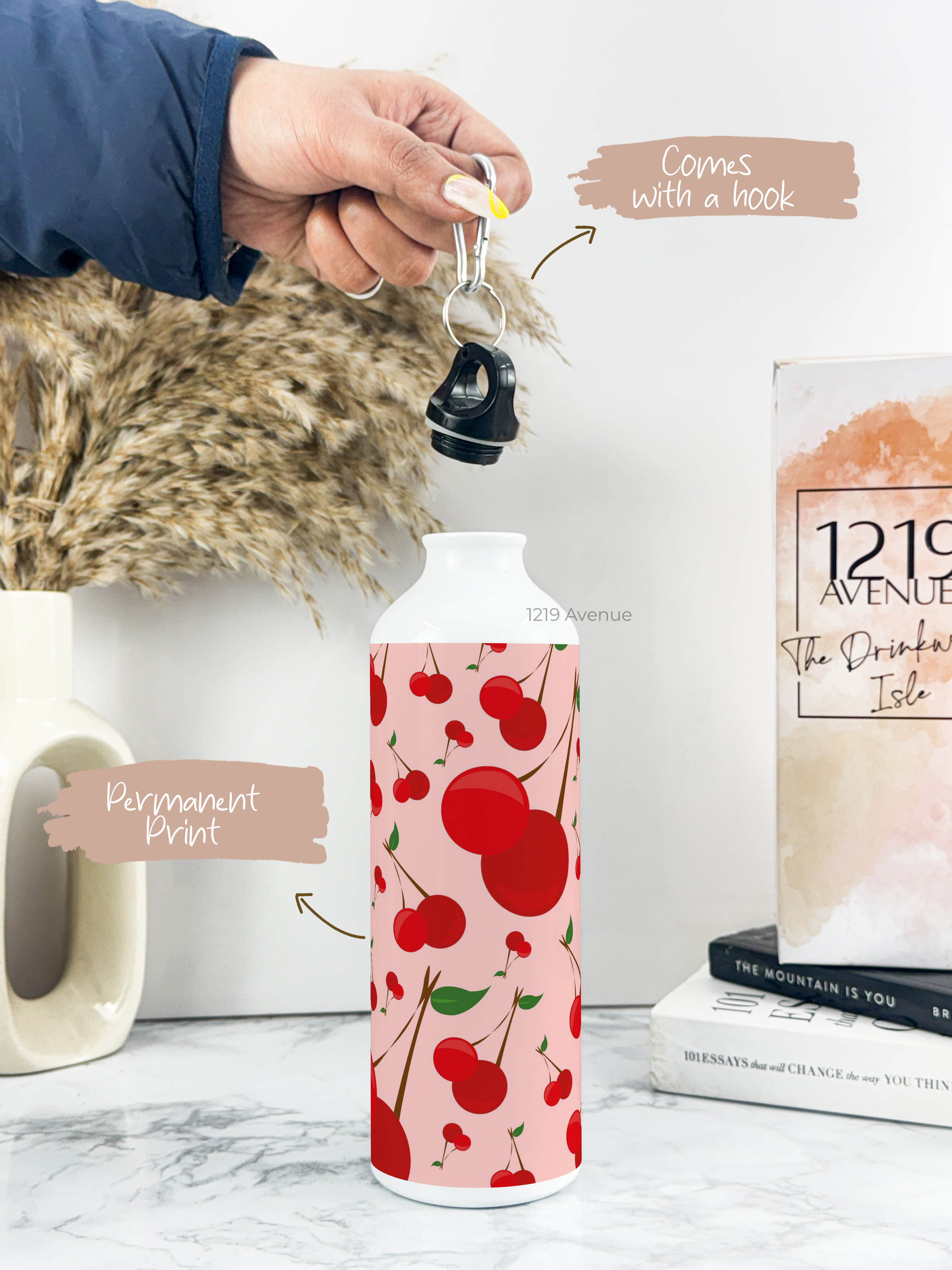 750ml Hooked-Up Water Bottle | Cherry Blast Print | Leak Proof | Printed Bottle with Carry Hook, Durable & Stylish