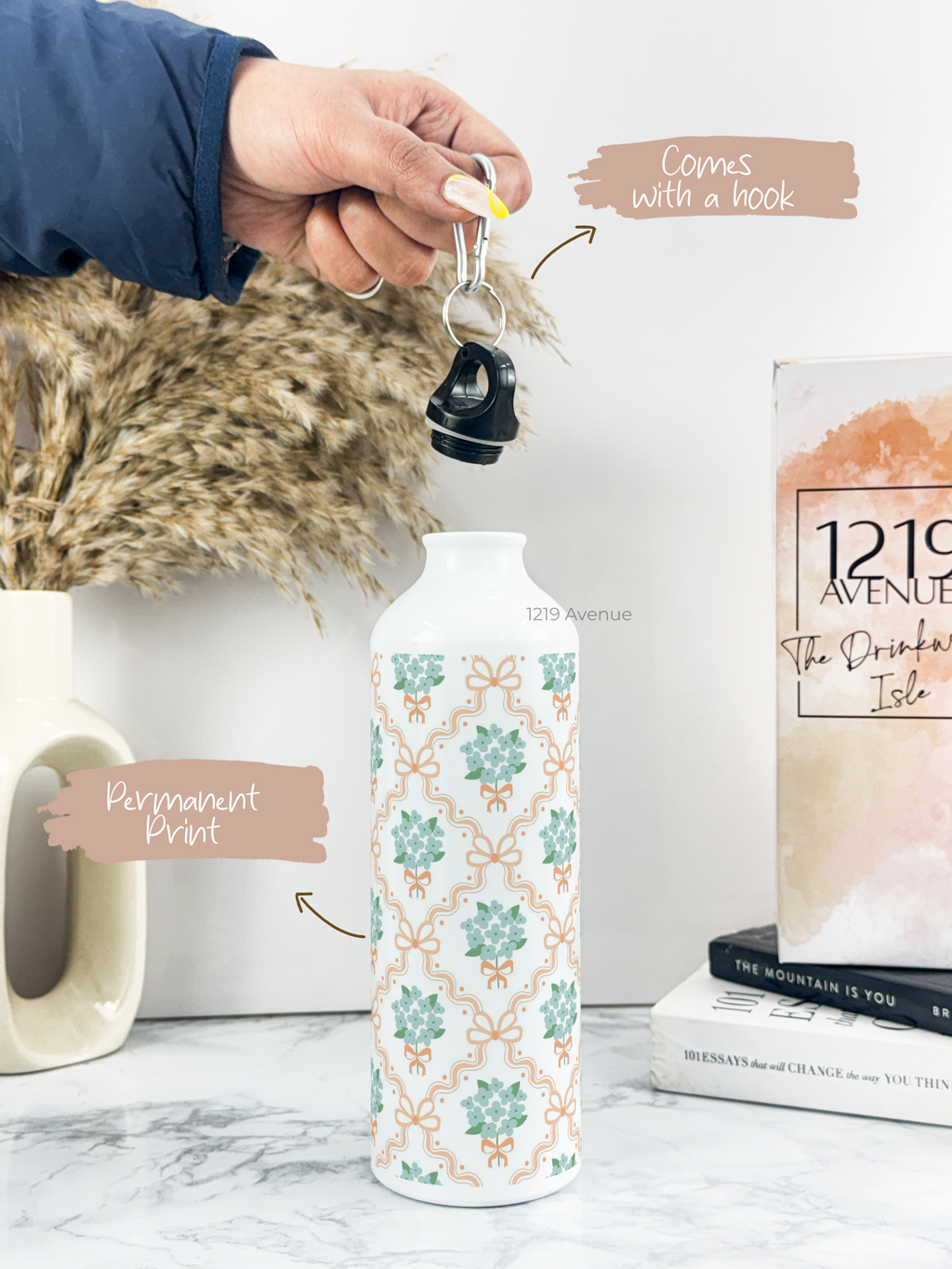 750ml Hooked-Up Water Bottle | Flower Beaut Print | Leak Proof | Printed Bottle with Carry Hook, Durable & Stylish