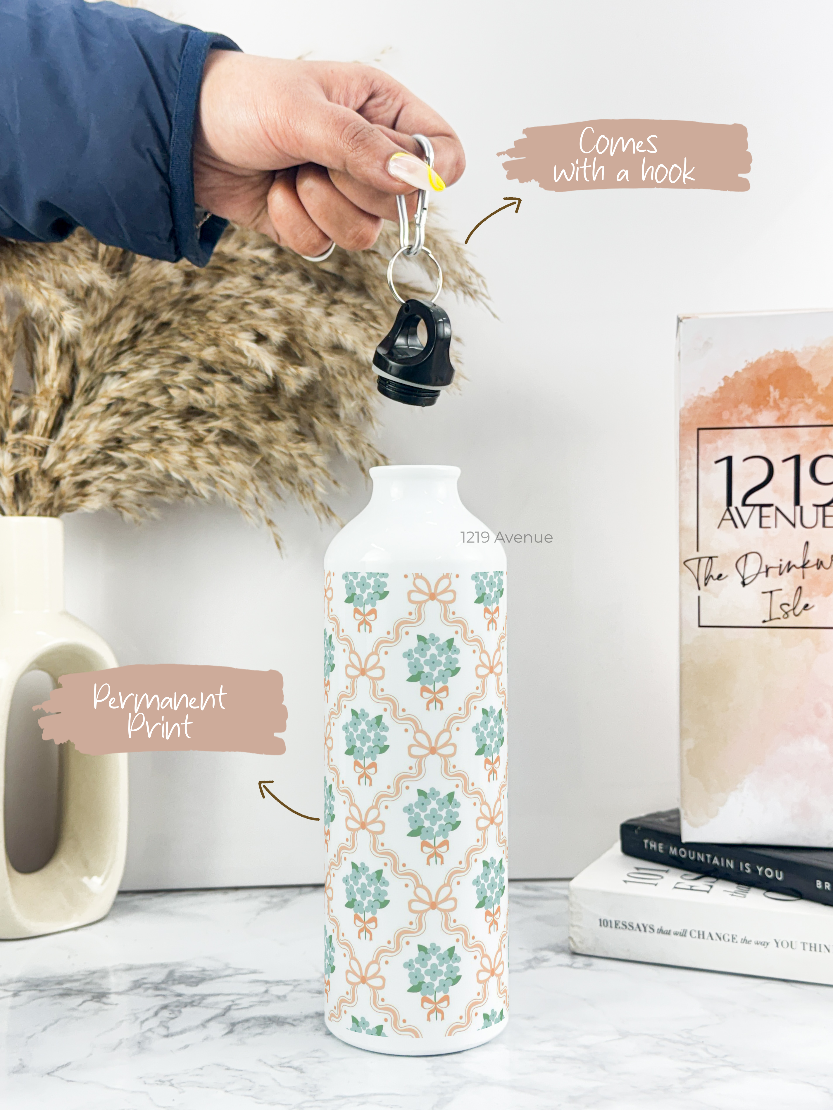 750ml Hooked-Up Water Bottle | Flower Beaut Print | Leak Proof | Printed Bottle with Carry Hook, Durable & Stylish