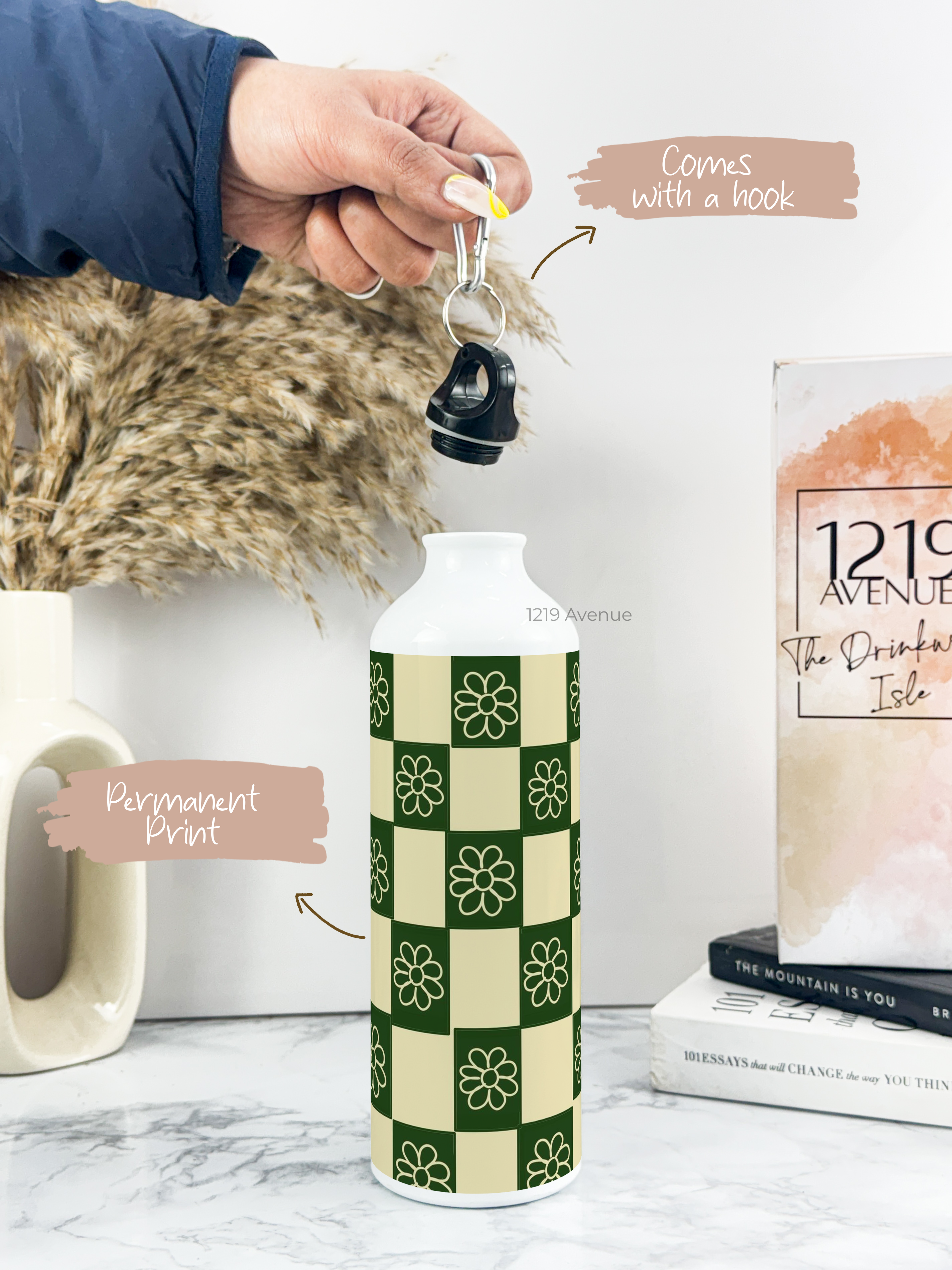 750ml Hooked-Up Water Bottle | Green Flower Checks Print | Leak Proof | Printed Bottle with Carry Hook, Durable & Stylish