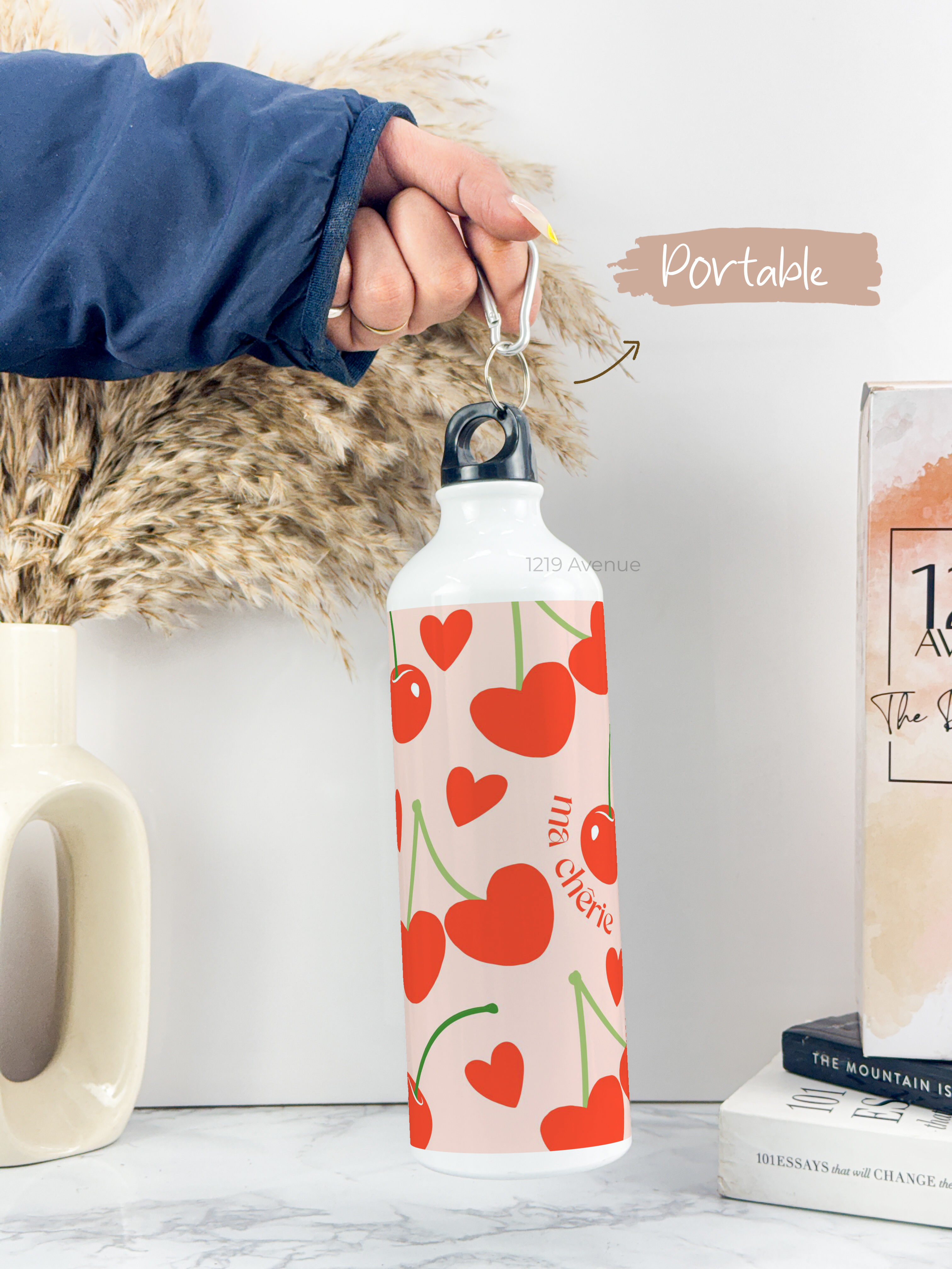 750ml Hooked-Up Water Bottle |Cherries All Over Print | Leak Proof | Printed Bottle with Carry Hook, Durable & Stylish