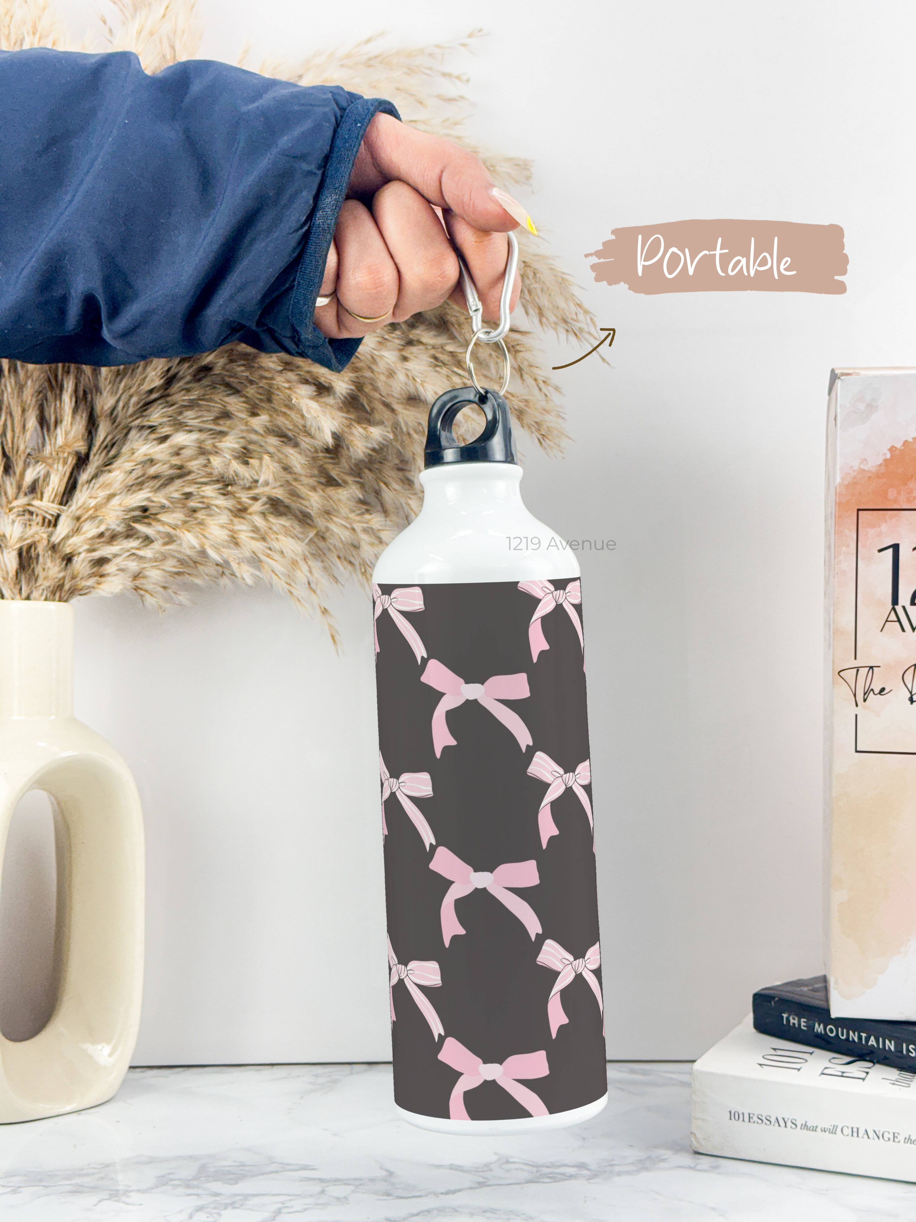 750ml Hooked-Up Water Bottle | Black-Bow Beauty Print | Leak Proof | Printed Bottle with Carry Hook, Durable & Stylish