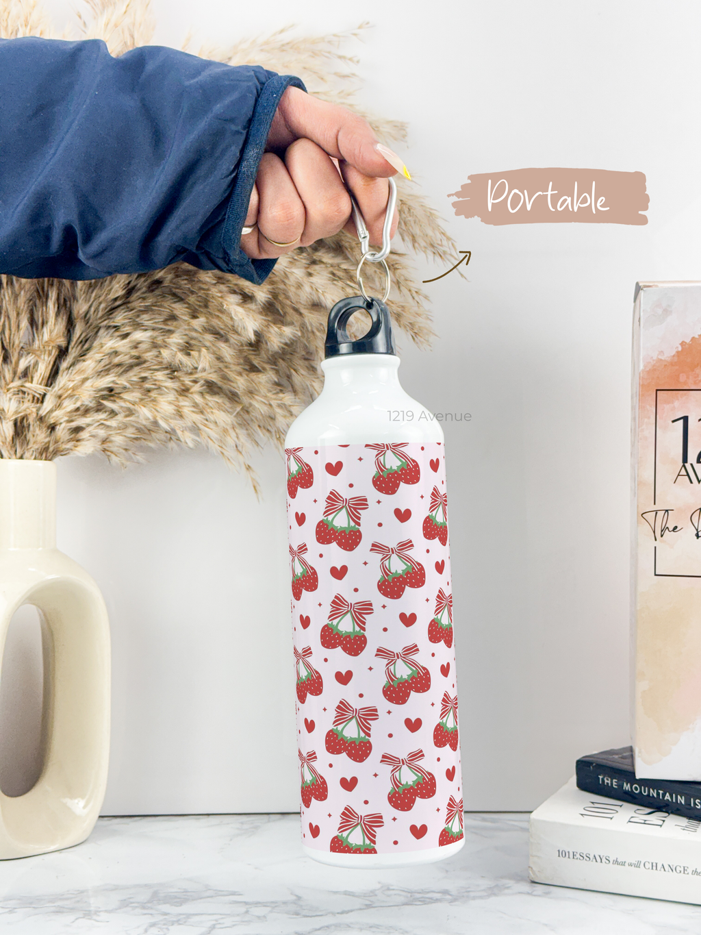 750ml Hooked-Up Water Bottle |Strawberry Burst Print | Leak Proof | Printed Bottle with Carry Hook, Durable & Stylish