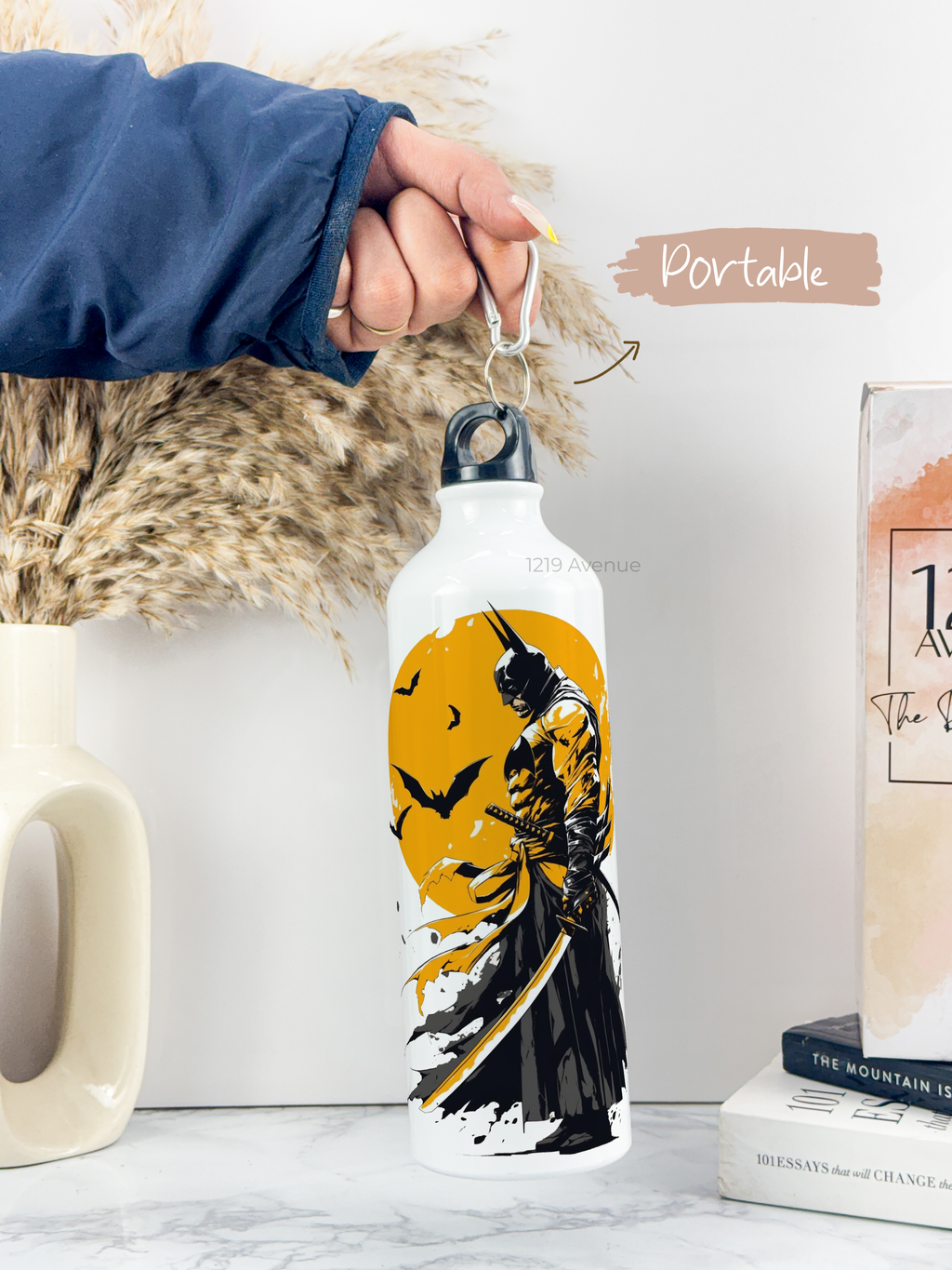 750ml Hooked-Up Water Bottle | Comic-Bat Print | Leak Proof | Printed Bottle with Carry Hook, Durable & Stylish