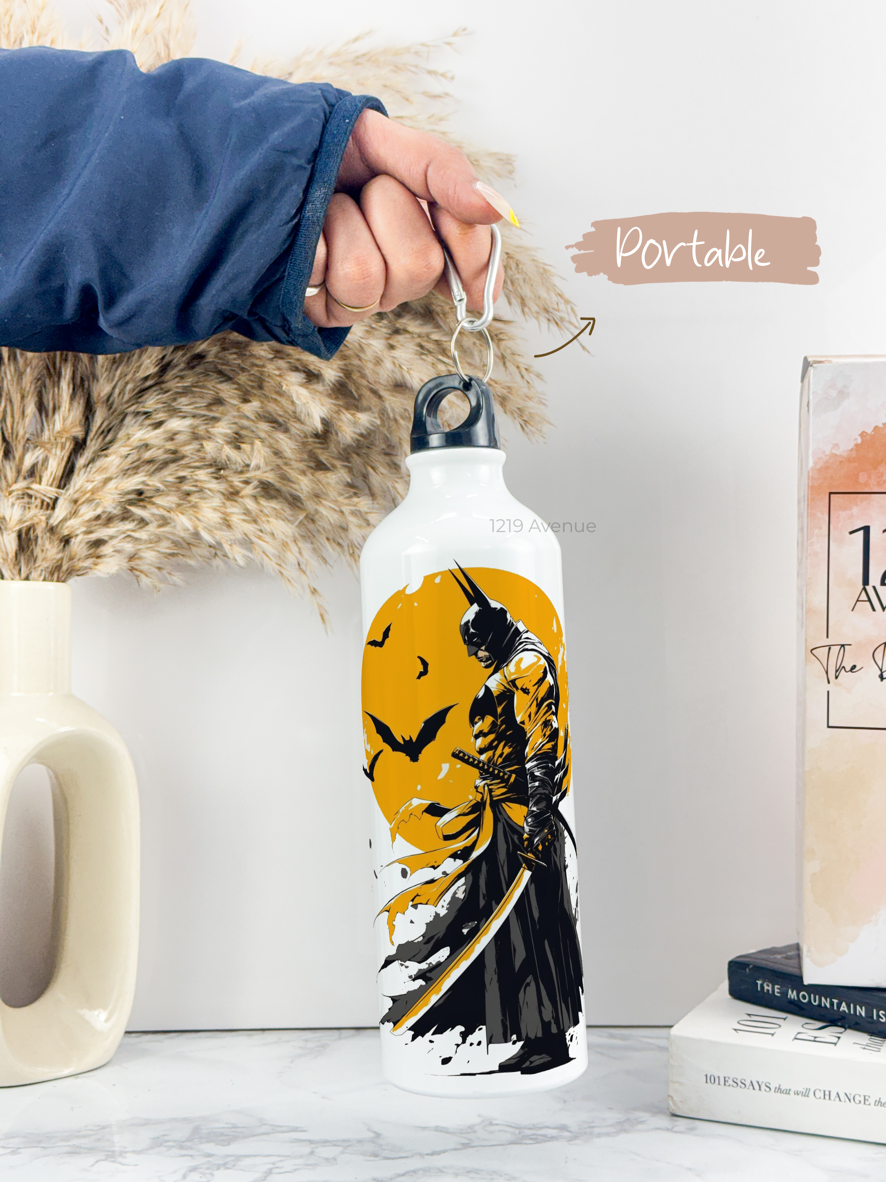 750ml Hooked-Up Water Bottle | Comic-Bat Print | Leak Proof | Printed Bottle with Carry Hook, Durable & Stylish