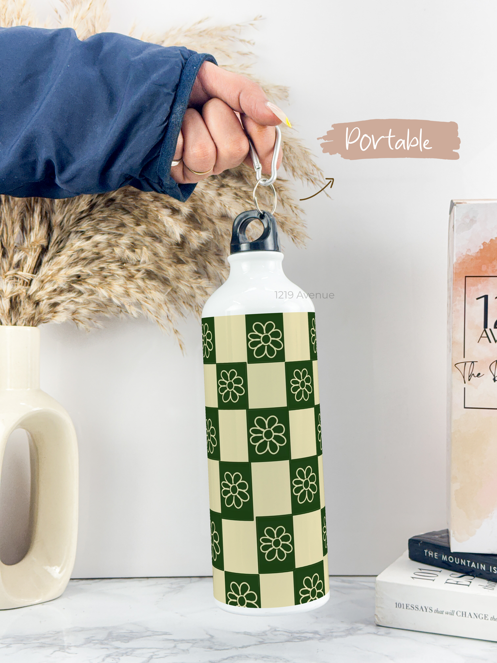 750ml Hooked-Up Water Bottle | Green Flower Checks Print | Leak Proof | Printed Bottle with Carry Hook, Durable & Stylish