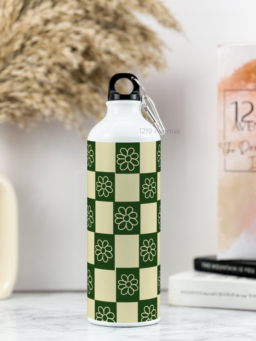 750ml Hooked-Up Water Bottle | Green Flower Checks Print | Leak Proof | Printed Bottle with Carry Hook, Durable & Stylish