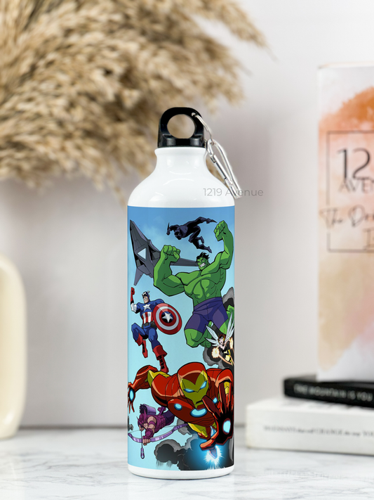 750ml Printed Hooked-Up Water Bottle | Assemble Avengers Print | For Kids, School, Sports | Sipper Bottle with Carry Hook, Durable & Stylish