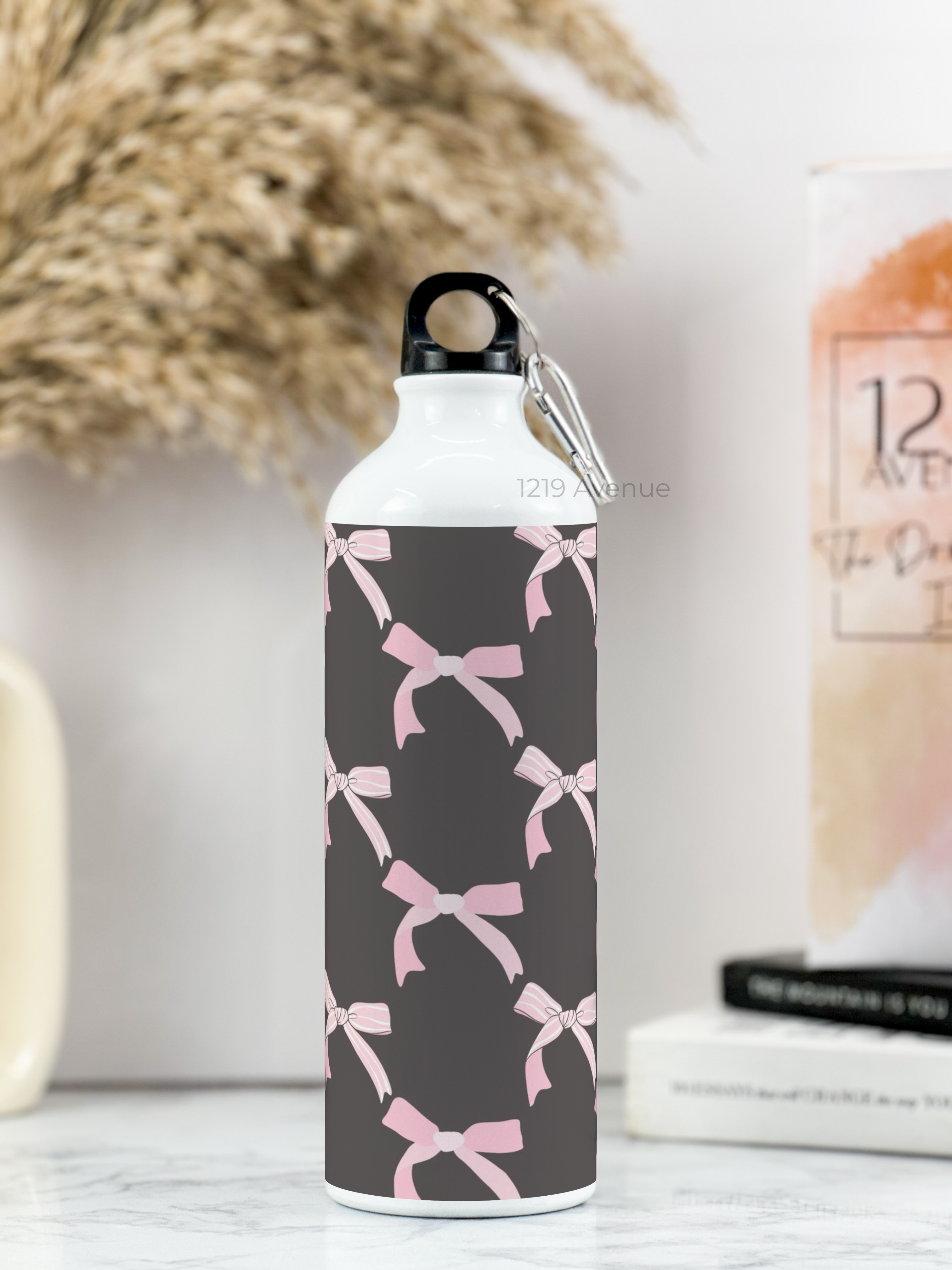 750ml Hooked-Up Water Bottle | Black-Bow Beauty Print | Leak Proof | Printed Bottle with Carry Hook, Durable & Stylish