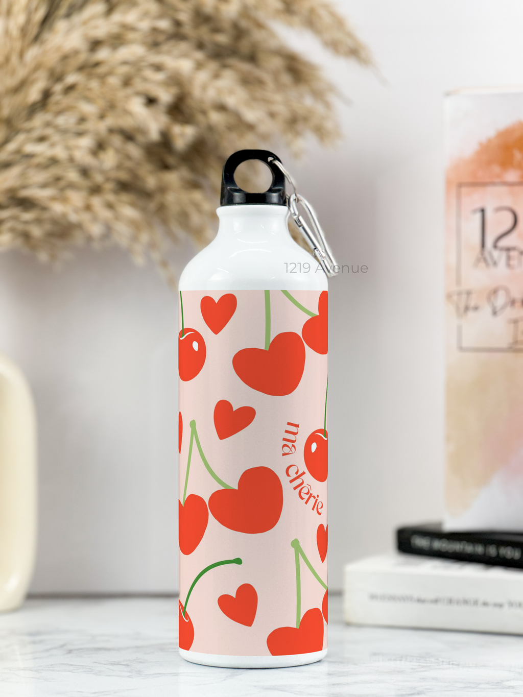 750ml Hooked-Up Water Bottle |Cherries All Over Print | Leak Proof | Printed Bottle with Carry Hook, Durable & Stylish