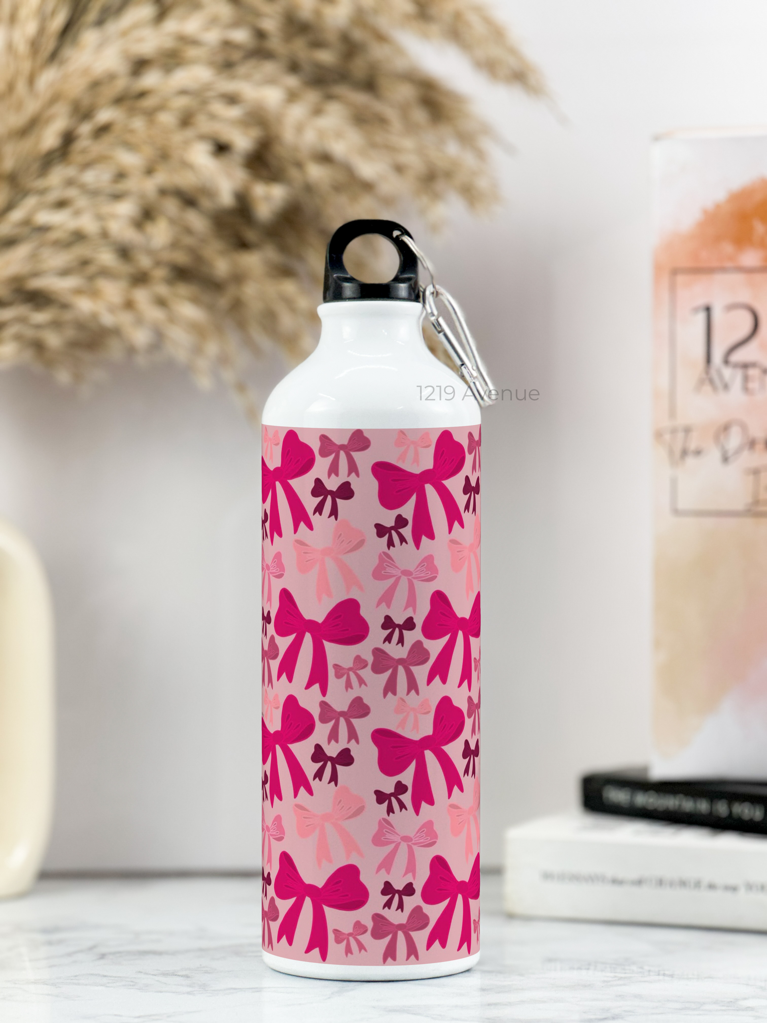 750ml Hooked-Up Water Bottle | Multi-Bows All Over Print | Leak Proof | Printed Bottle with Carry Hook, Durable & Stylish