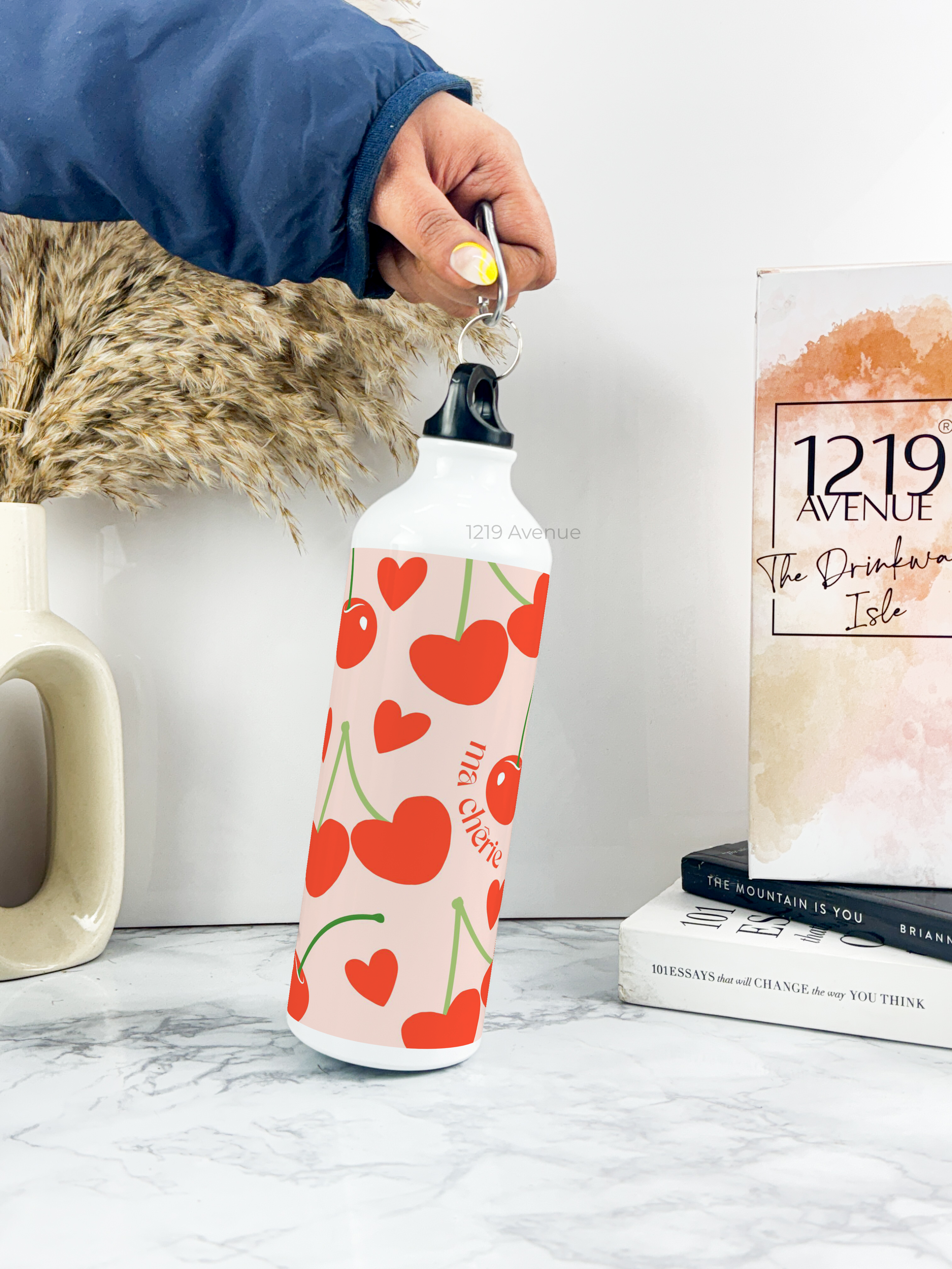 750ml Hooked-Up Water Bottle |Cherries All Over Print | Leak Proof | Printed Bottle with Carry Hook, Durable & Stylish