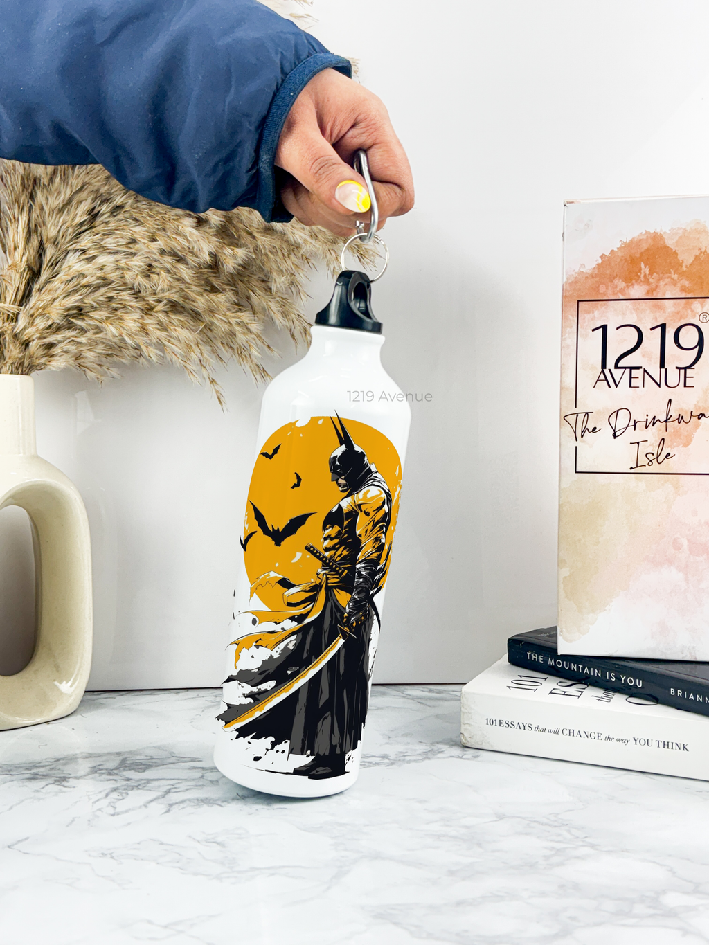 750ml Hooked-Up Water Bottle | Comic-Bat Print | Leak Proof | Printed Bottle with Carry Hook, Durable & Stylish