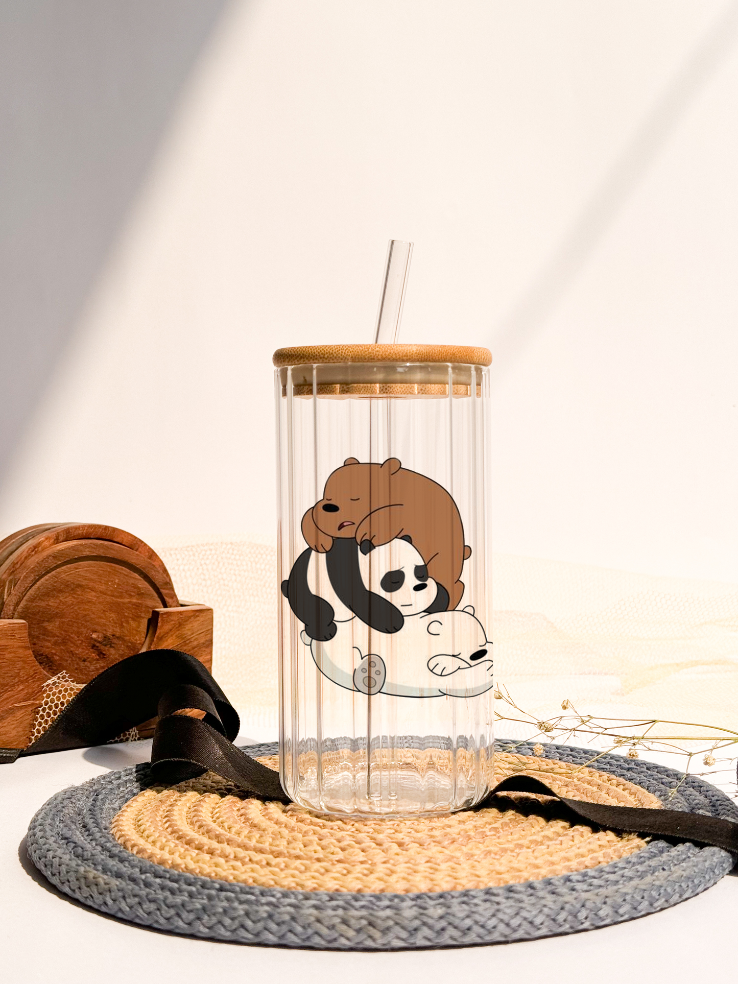 Ripple Taille Sipper 500ml| Bare Bears Print | 18oz Ripple Glass Tumbler with lid and straw