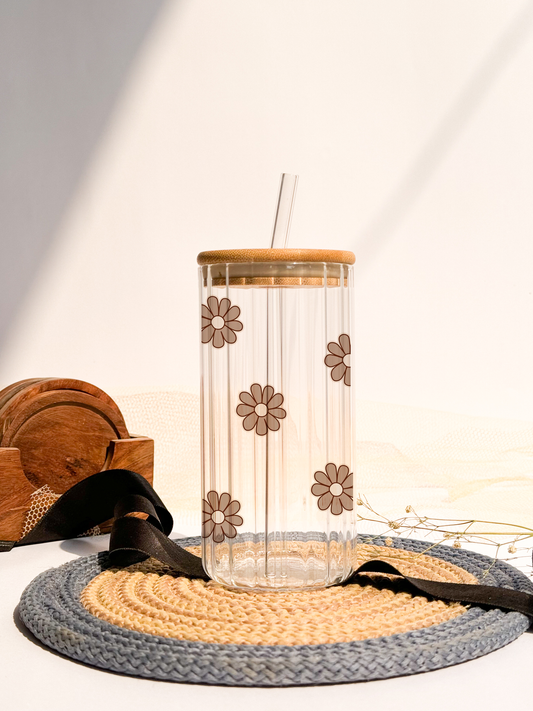 Ripple Taille Sipper 500ml| Brown Flower All Over Print | 18oz Ripple Glass Tumbler with lid and straw