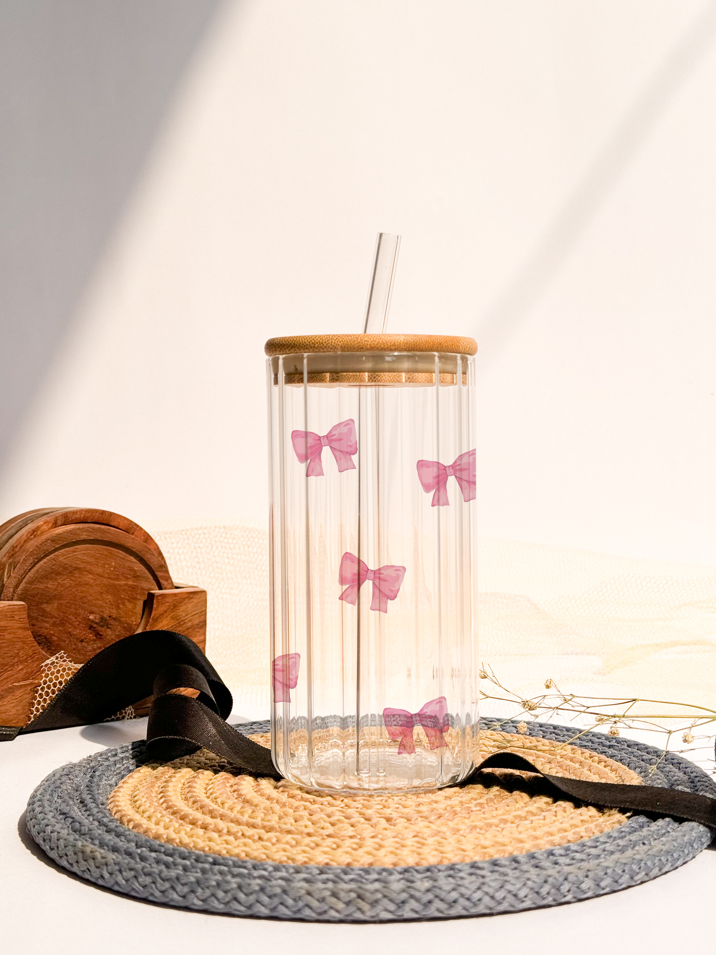 Ripple Taille Sipper 500ml| Bows All Over Print | 18oz Ripple Glass Tumbler with lid and straw