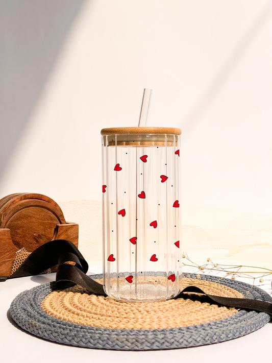 Ripple Taille Sipper 500ml| Petit Hearts All Over Print | 18oz Ripple Glass Tumbler with lid and straw