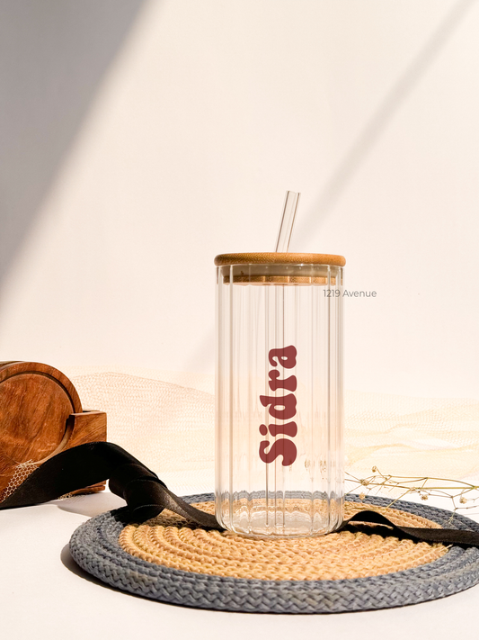 Personalized Clear Ripple Taille Sippers 500ml| Name Edition| Coffee Glass Tumbler with straw and lid 18oz