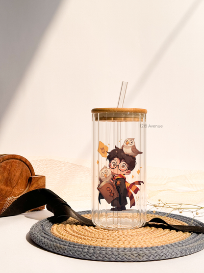 Ripple Taille Sipper 500ml| Cute Potter Print | 18oz Ripple Glass Tumbler with lid and straw