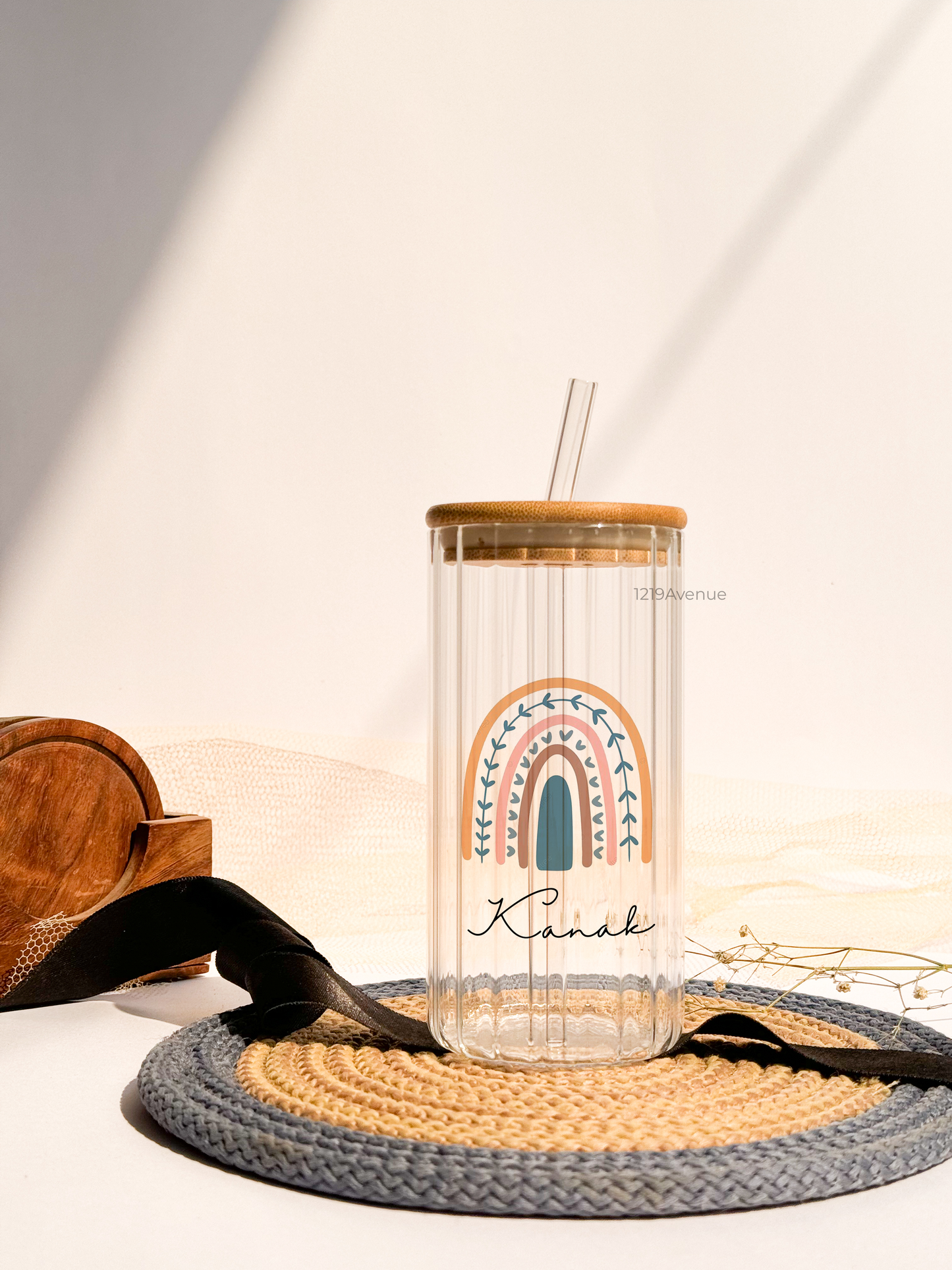 Personalized Clear Ripple Taille Sippers 500ml|Aesthetic Rainbow With Name | Coffee Fluted Glass Tumbler with straw and lid 18oz