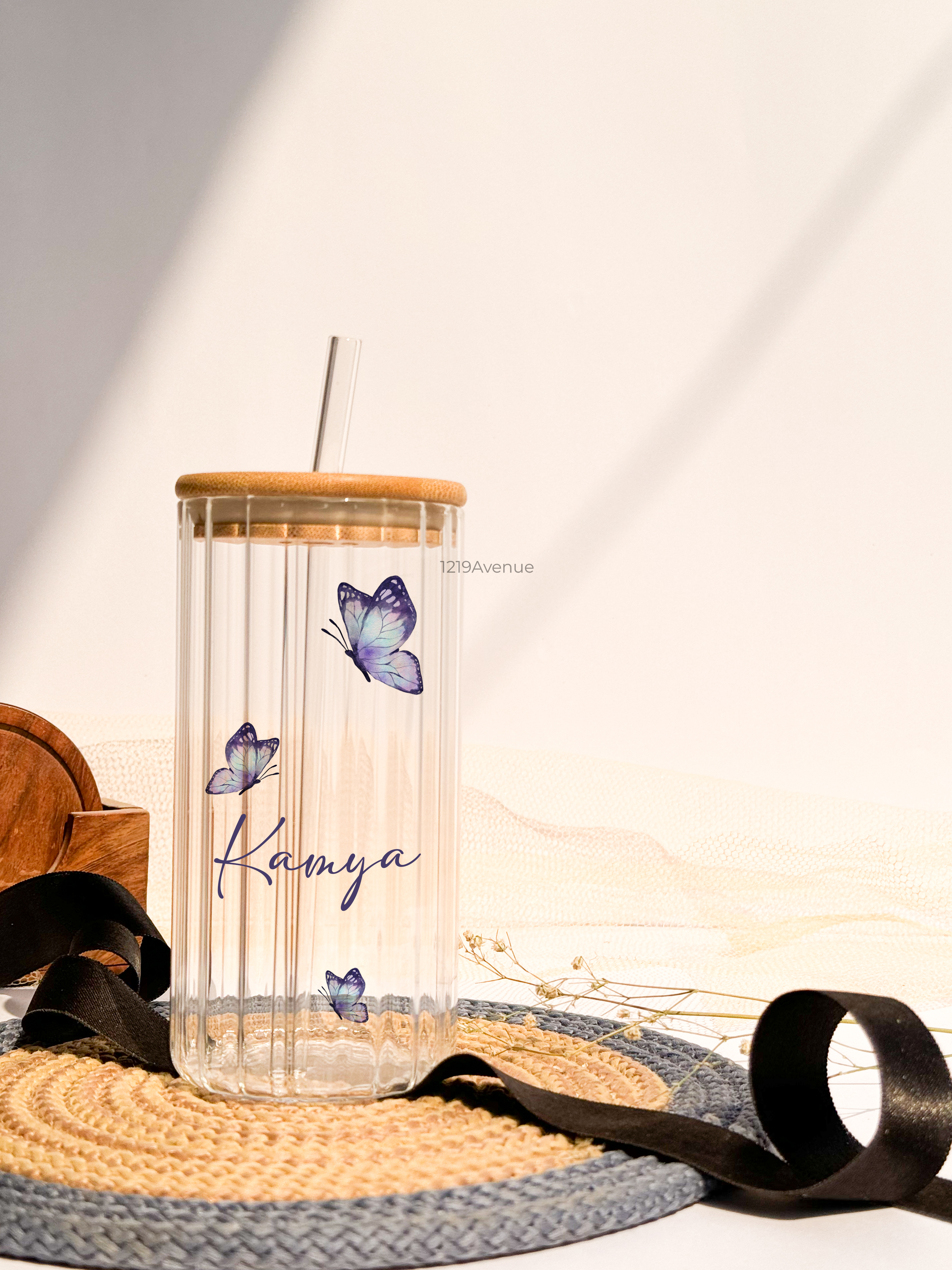 Personalized Frosted Ripple Taille Sippers 500ml|Boho Butterfly With Name | Coffee Fluted Glass Tumbler with straw and lid 18oz