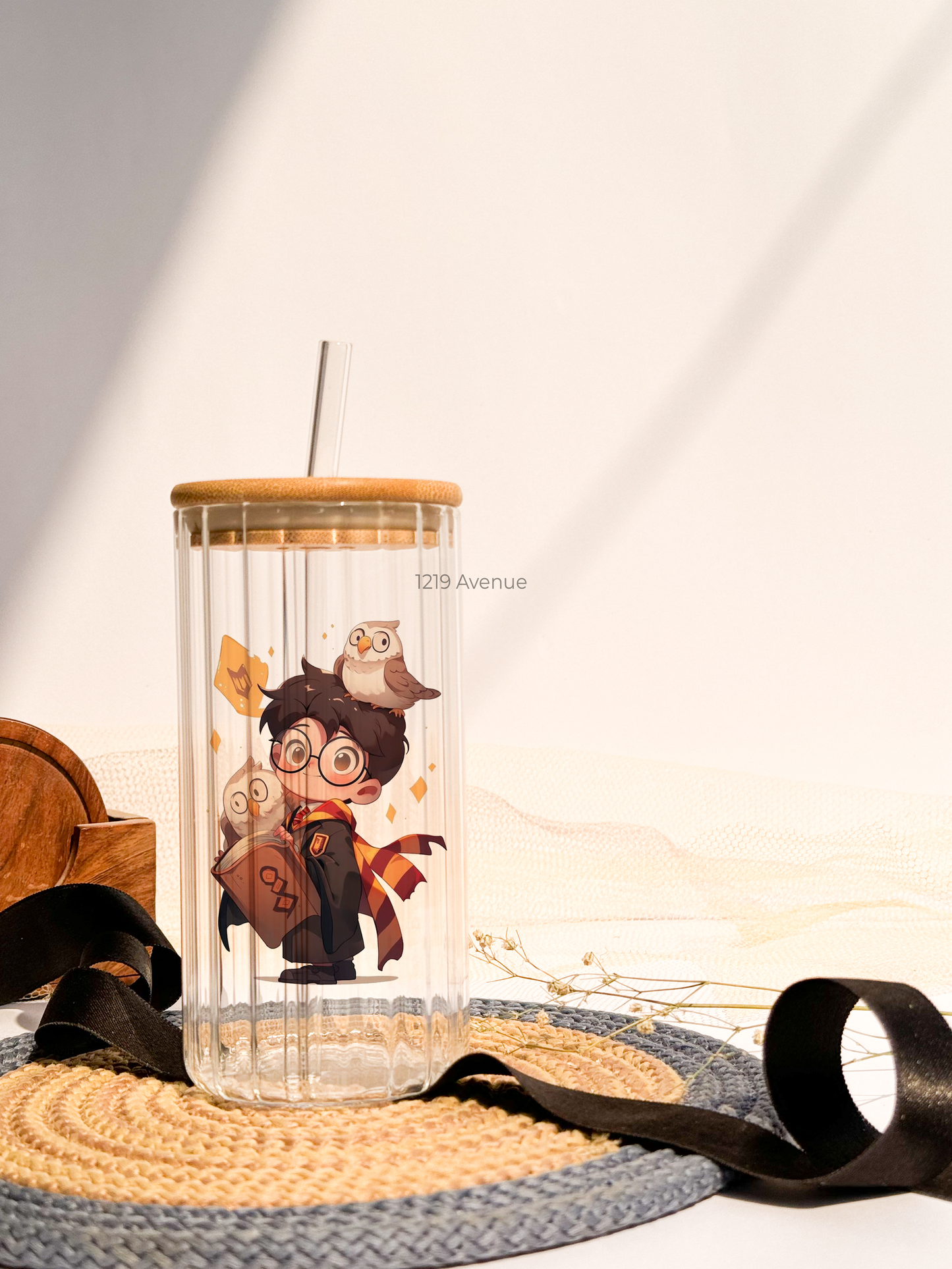 Ripple Taille Sipper 500ml| Cute Potter Print | 18oz Ripple Glass Tumbler with lid and straw