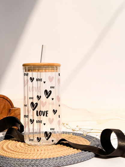 Ripple Taille Sipper 500ml| Love is All Over Print | 18oz Ripple Glass Tumbler with lid and straw