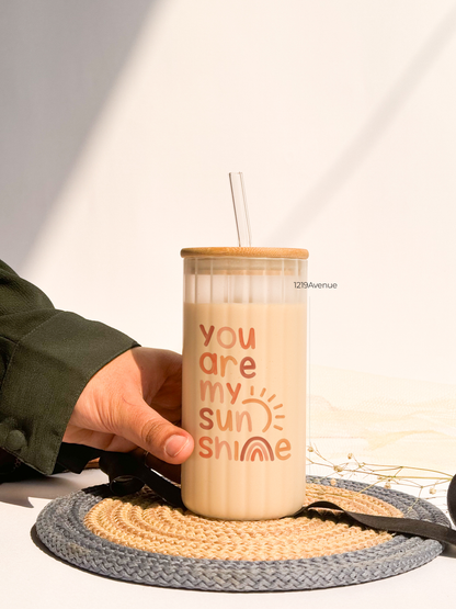 Frosted Ripple Taille Sipper 500ml| You Are My Sunshine  Print | 18oz Ripple Frosted Glass Tumbler with lid and straw