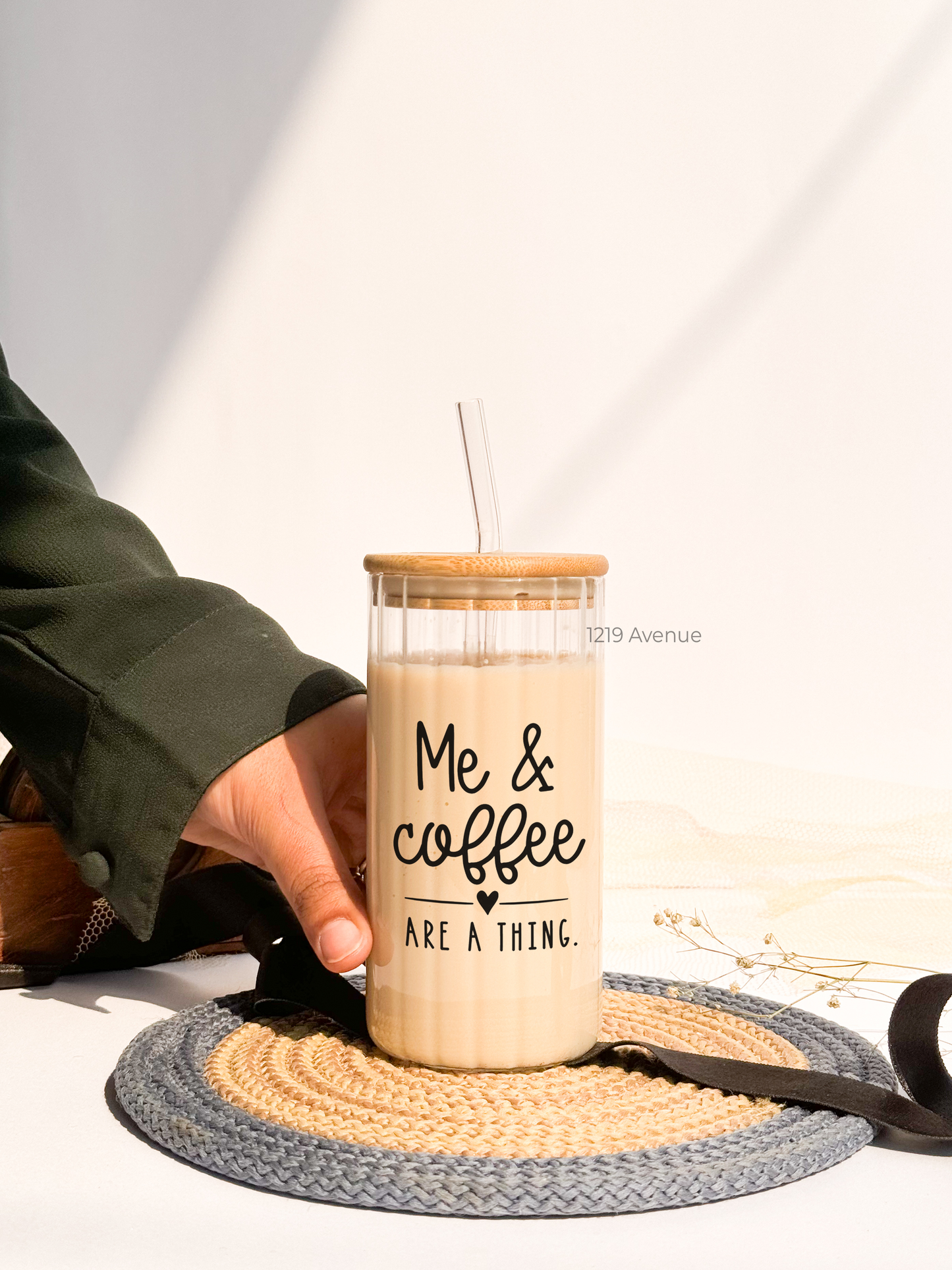 Ripple Taille Sipper 500ml| Me and Coffee Print | 18oz Ripple Glass Tumbler with lid and straw