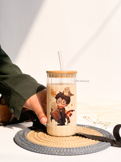 Ripple Taille Sipper 500ml| Cute Potter Print | 18oz Ripple Glass Tumbler with lid and straw