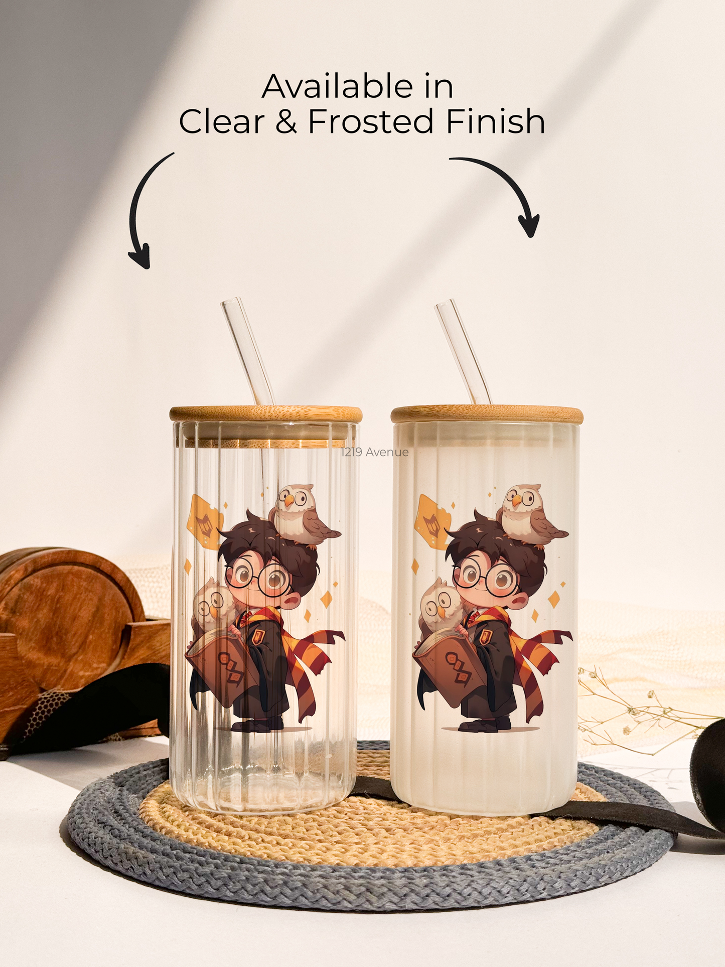 Ripple Taille Sipper 500ml| Cute Potter Print | 18oz Ripple Glass Tumbler with lid and straw