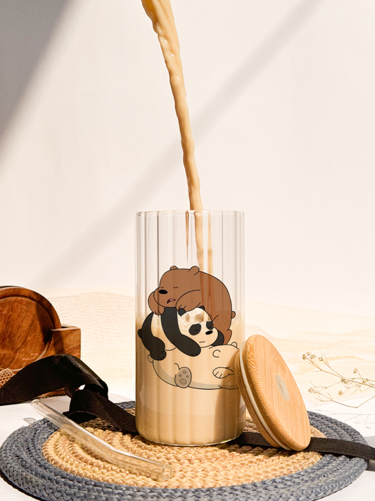 Ripple Taille Sipper 500ml| Bare Bears Print | 18oz Ripple Glass Tumbler with lid and straw