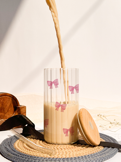 Ripple Taille Sipper 500ml| Bows All Over Print | 18oz Ripple Glass Tumbler with lid and straw