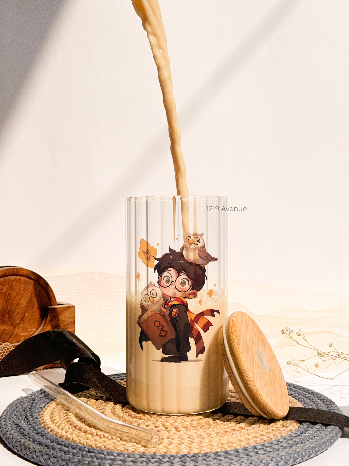 Ripple Taille Sipper 500ml| Cute Potter Print | 18oz Ripple Glass Tumbler with lid and straw