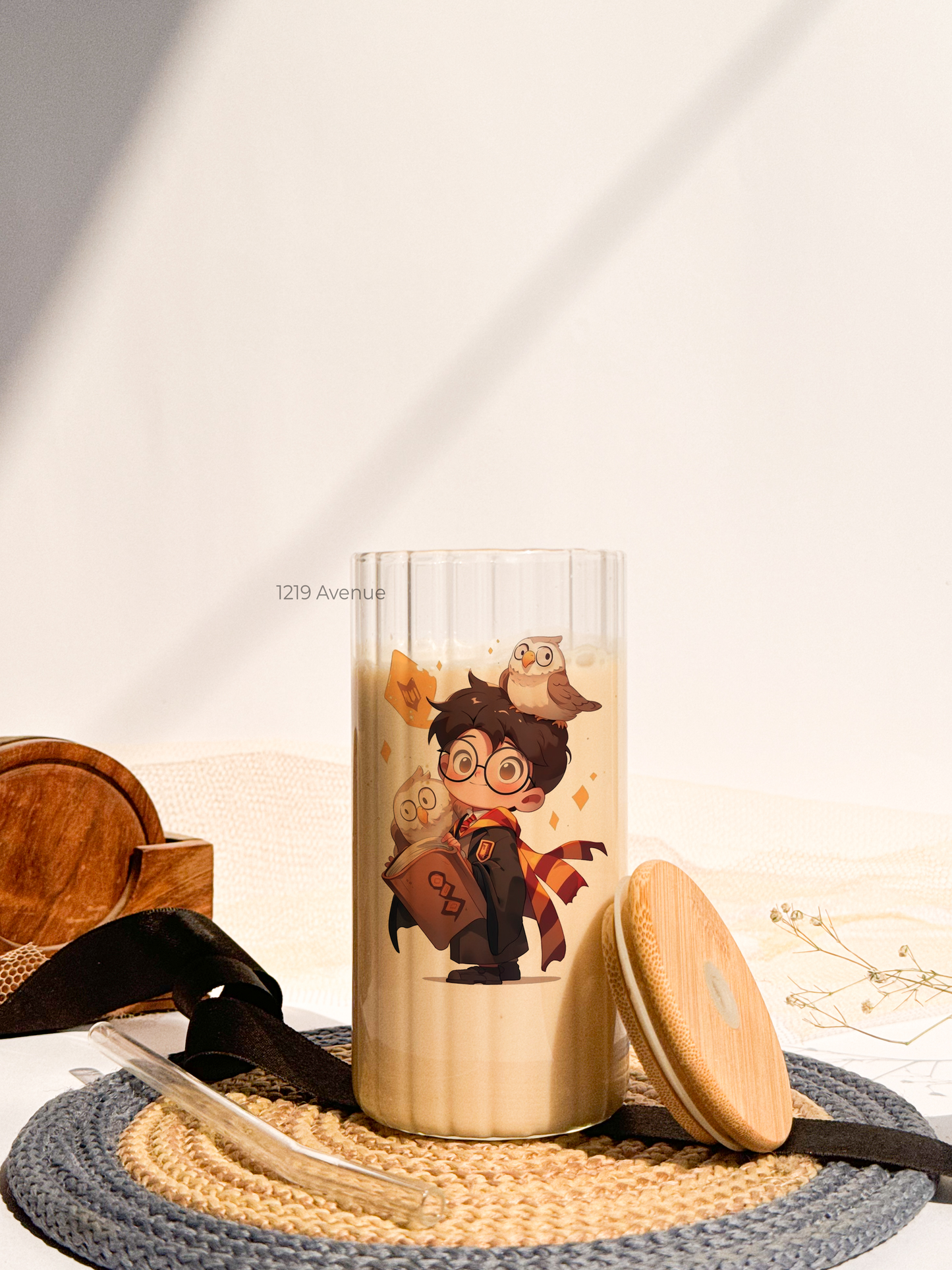 Ripple Taille Sipper 500ml| Cute Potter Print | 18oz Ripple Glass Tumbler with lid and straw