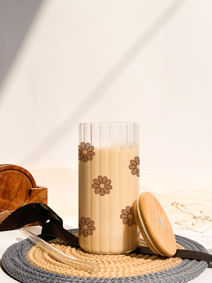 Ripple Taille Sipper 500ml| Brown Flower All Over Print | 18oz Ripple Glass Tumbler with lid and straw